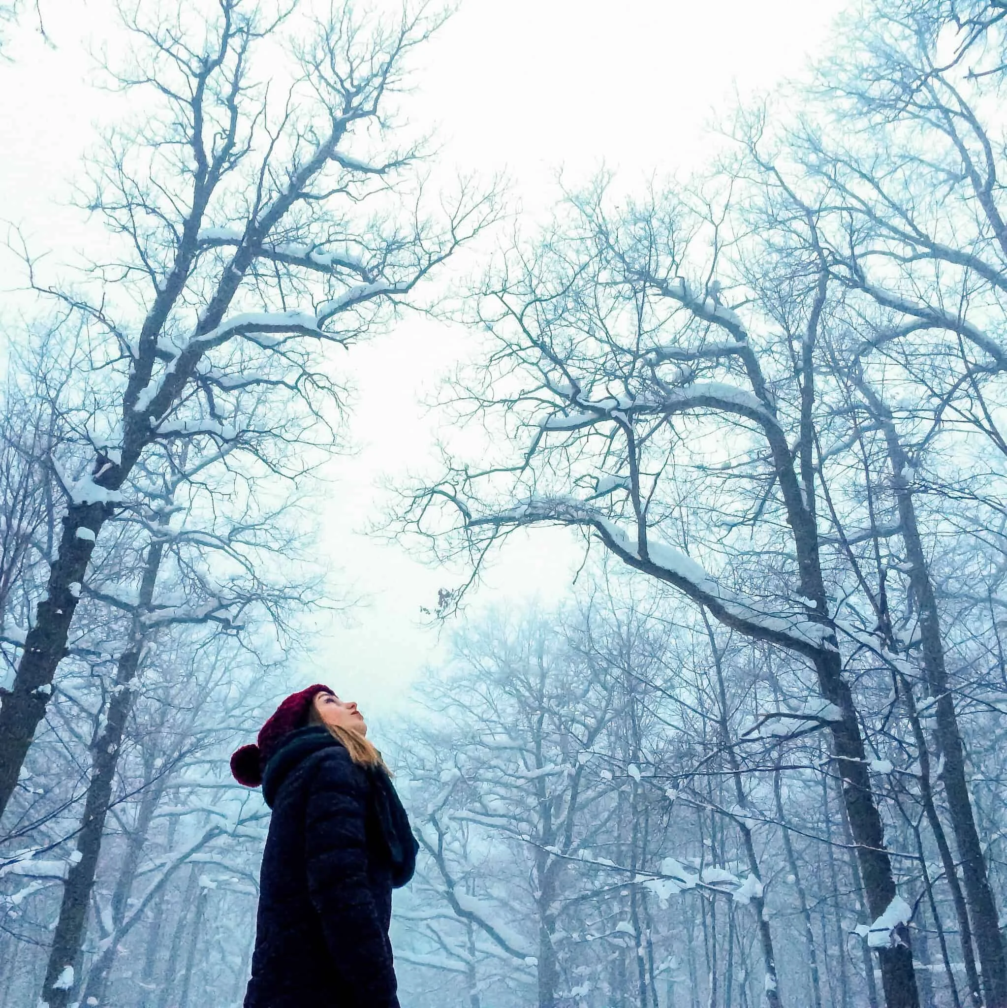 Woman in snowy forest
