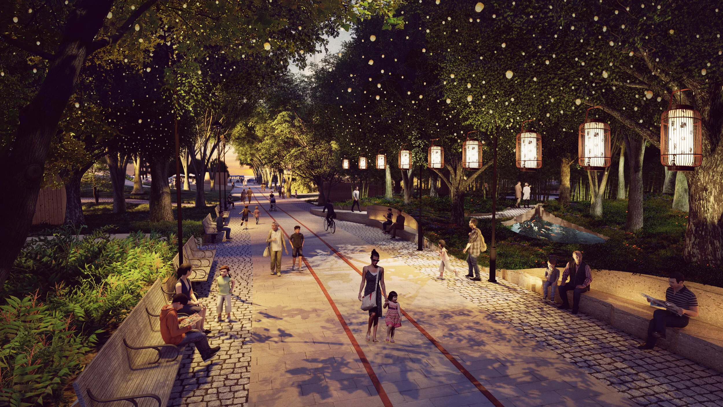 Honoring the site's historical background, the park reimagines the Erqi railway heritage within the landscape, creating a cultural and leisure corridor aligned with the neighboring cultural area. 结合场地的历史背景,公园重现了二七铁路的历史遗产,并以此贯穿不同景观节点,开辟了一条文化休闲空间的走廊,