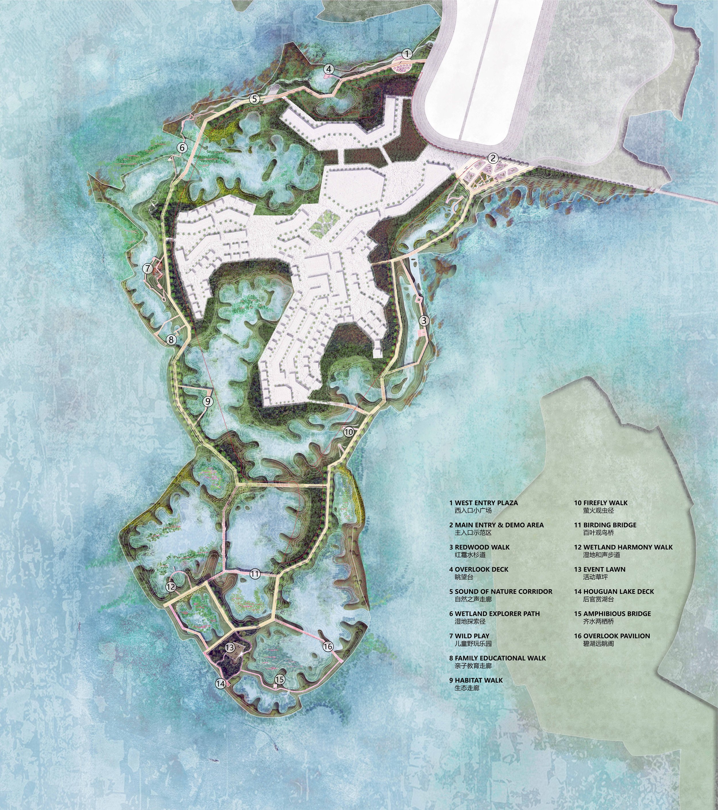 Wuhan's many lakes are often edged by degraded agricultural landscapes. This project aims to restore the ecological function of a string of abandoned fishponds and orchards in Houguan Lake. The design preserves healthy fragments and restores water q