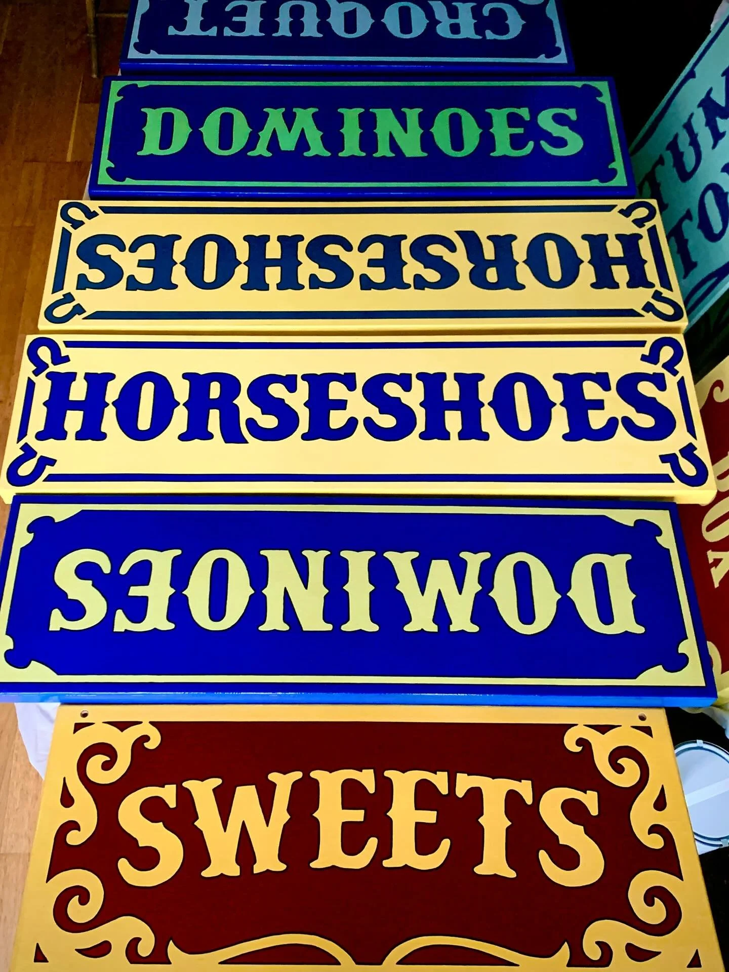 We are busy touching up and varnishing our game signs to make sure our hire items are in the best condition for your event! 

#weddinggames #gardengames #indoorgames #eventgameshire #handpainted 
.
.
.
.
.
#valentinahire #games #gameshire #fetegames 