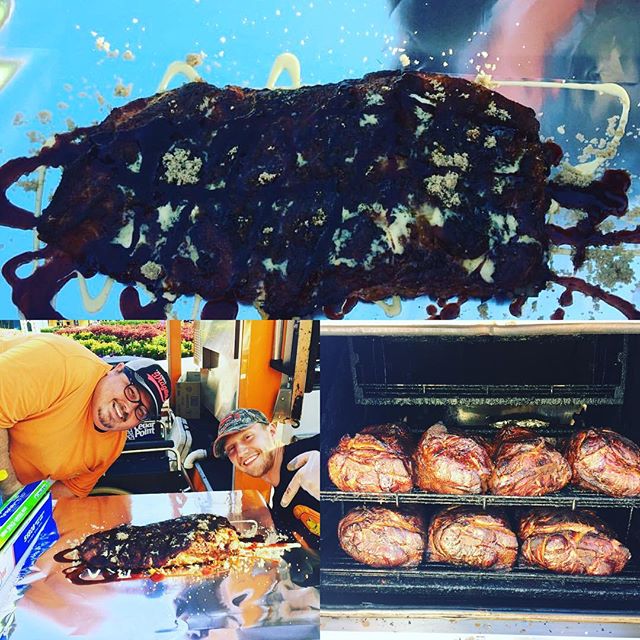 Meat art at Cedar point! Full spare ribs w tips candied, loaded w cherry bomb and blue velvet! Loaded tray of rubbed and prepped butts!