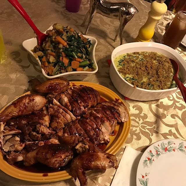 Slow Smoked Duck pan seared w Crispy Skin Toped w Cherry Chipotle Glaze,Swiss Chard Sweet Potato Hash fried in Duck Fat, and Creamed Spinach! Christmas Eve Dinner!