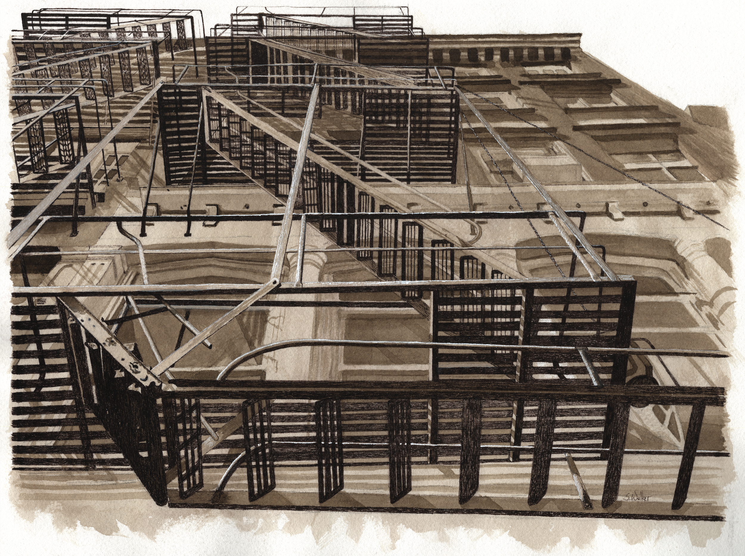 Sepia Fire Escapes (Ink on paper, 14" x 11"). Private collection.