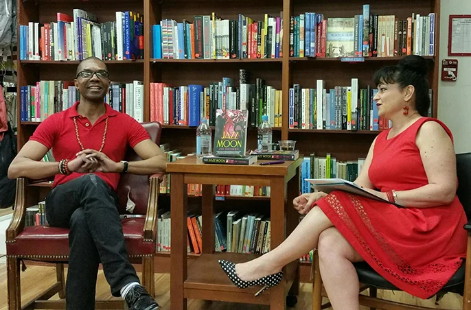 Joe Okonkwo and moderator Valerie G. Keane at the Jazz Moon launch, May 31, 2016 at Book Culture in Manhattan