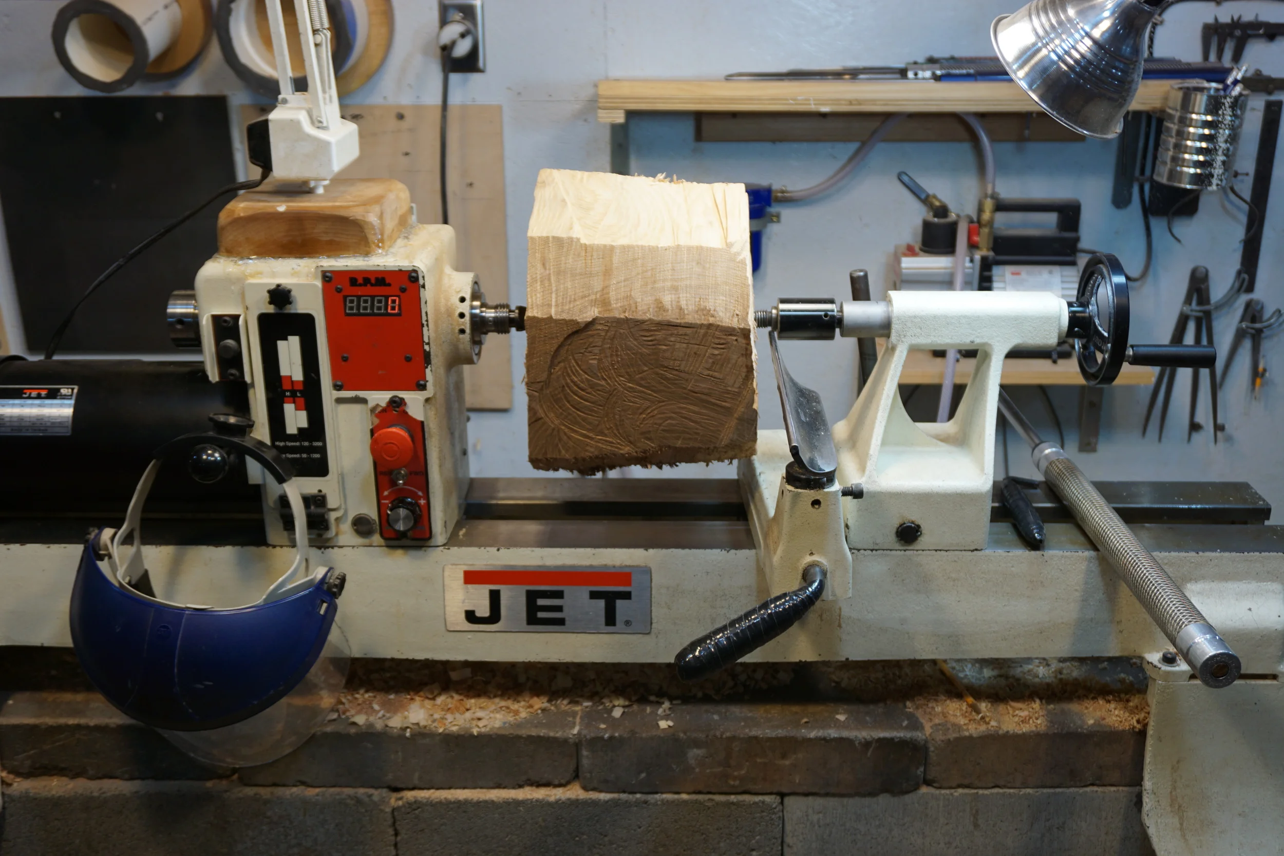 An olive ash blank ready to be roughed out on the lathe