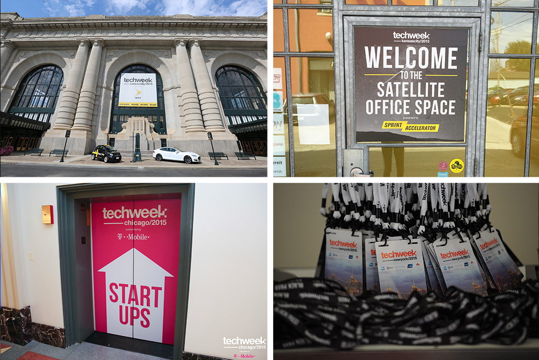Clockwise from top left: Union Station at Techweek Kansas City. The Sprint Startup Accelerator at Techweek Kansas City. Attendee passes for Techweek New York. "StartUps, Downtown" elevator at Techweek Chicago.