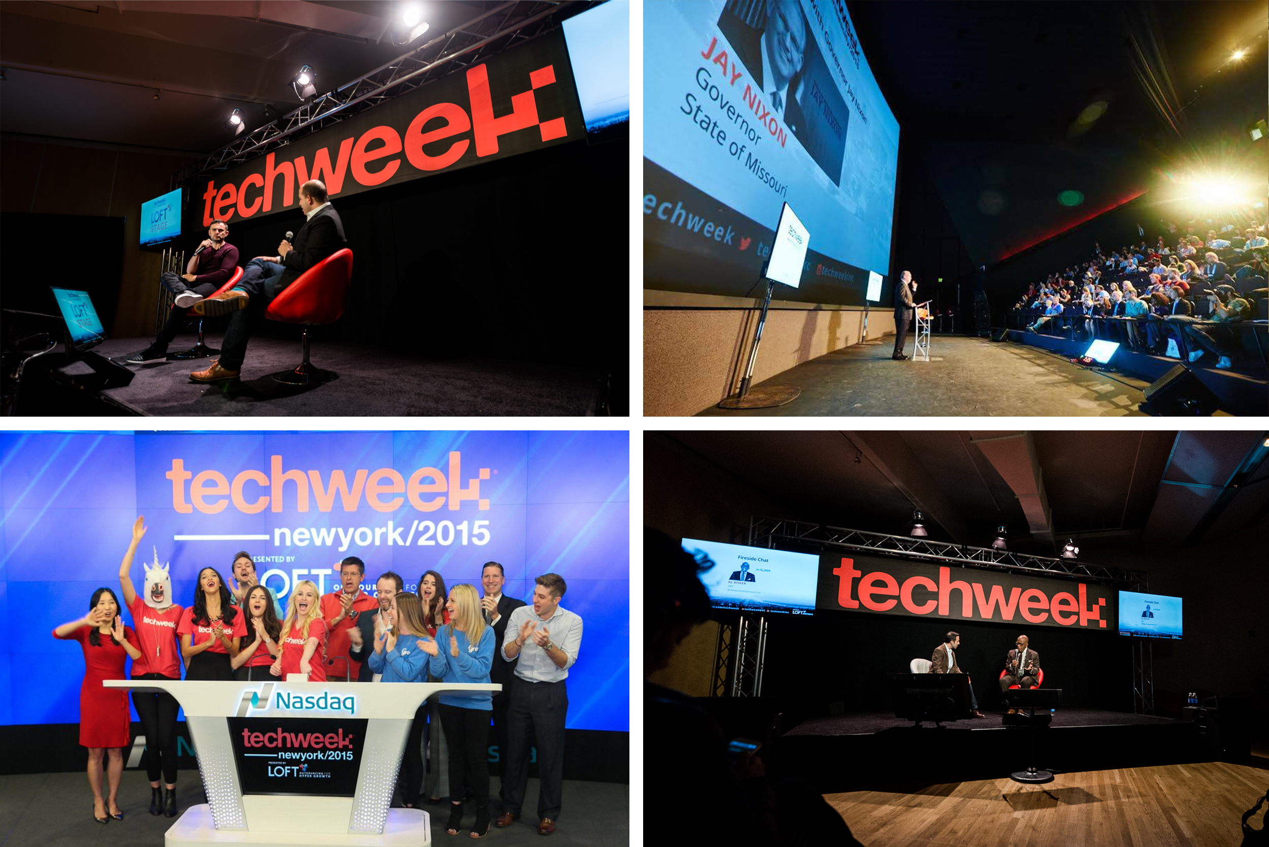 Clockwise from top left: Entrepreneur Gary Vaynerchuk speaks at a Techweek fireside chat. Former Governor Nixon kicks of the inaugural Techweek Kansas City. Al Roker speaks onstage during a fireside chat. The Techweek team pushes the button at the NYSE at Techweek New York.