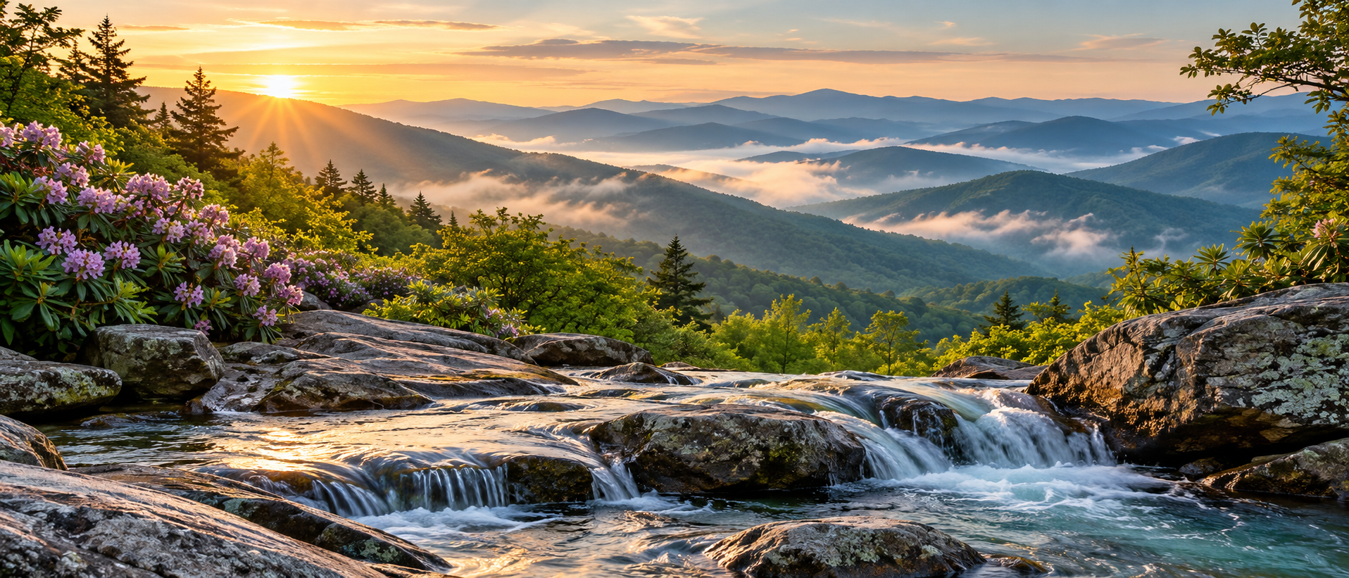 Sunrise Cascades Over Misty Blue Ridge Mountains.png