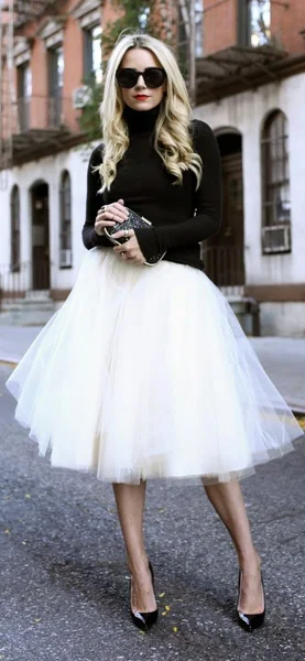 Turtleneck black sweater and white tutu skirt