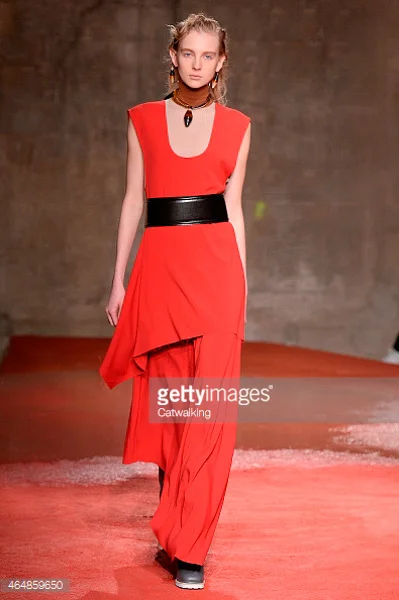 Red long dress with black belt