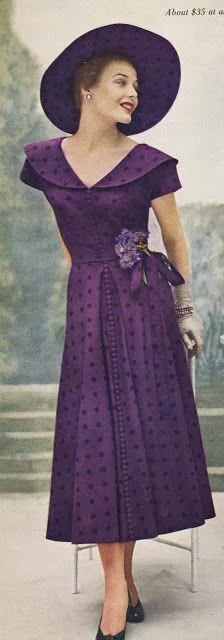 A gorgeous purple look from Dan River, appeared in a 1949 copy of Vogue