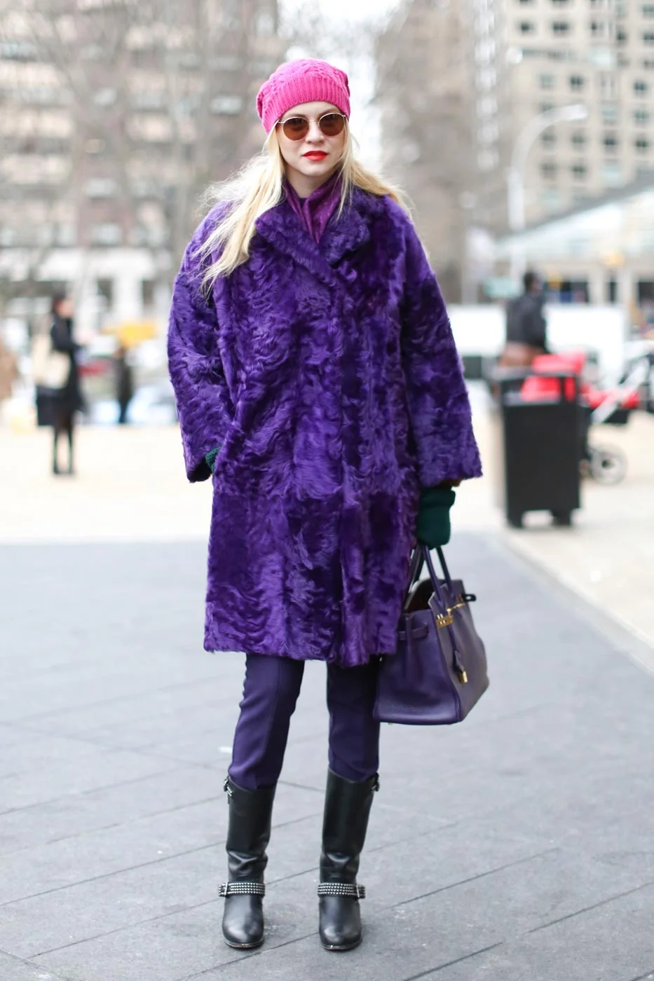 Giant purple coat with pink hat