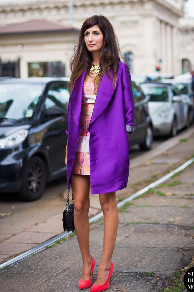 Purple coat and red shoes