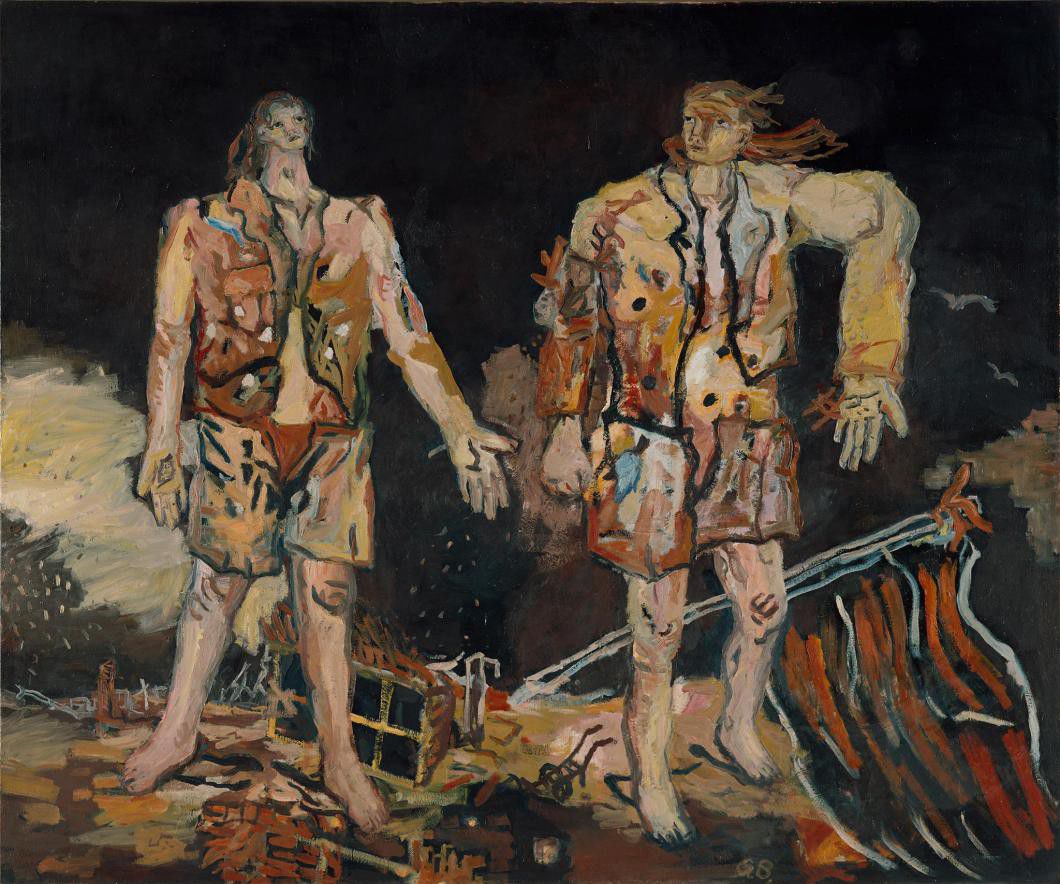 Georg Baselitz, The Great Friends , 1965, oil on canvas, 98.4 x 118.1 inches (250 x 300 cm) © Georg Baselitz 2016, courtesy Museum Ludwig, Cologne. Photo by Frank Oleski, Köln