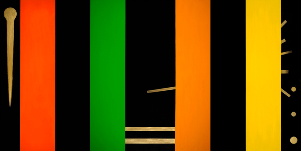 Osvaldo Mariscotti, Color Symphony in Black , 2016, oil and enamel on canvas (triptych), 60 × 120 inches (152.4 × 304.8 cm) © Osvaldo Mariscotti 2016, courtesy Upsilon Gallery, New York. Photo by Caius Filimon, New York