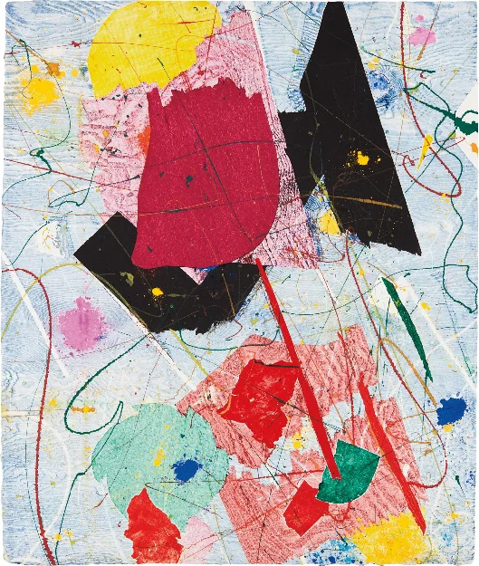 Above: Untitled , 1984, Monotype in colors, on handmade paper, 29 1/2 x 24 3/4 in. (75 x 63 cm); Abstract Expressionism: De Kooning, Francis, Johns, Mitchell, Motherwell, Rauschenberg , Upsilon Gallery, New York, 2019. Photo by Caius Filimon.