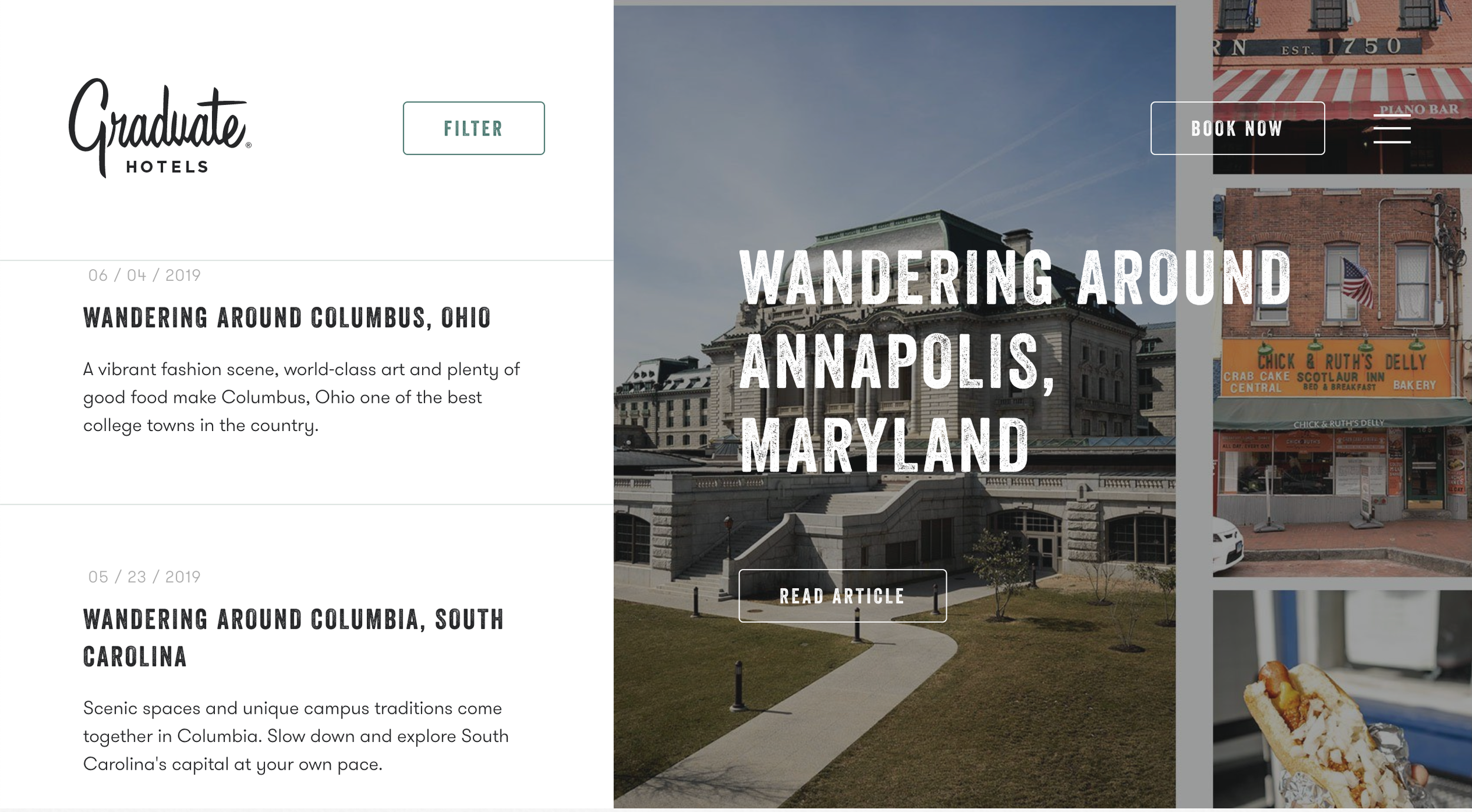  Graduate Hotels occupies spaces that attract a loyal yet local audience. To expand reach and draw more people to America’s most exciting college towns we developed the Wandering Around series. Each editorial piece existed on web, with cut downs help