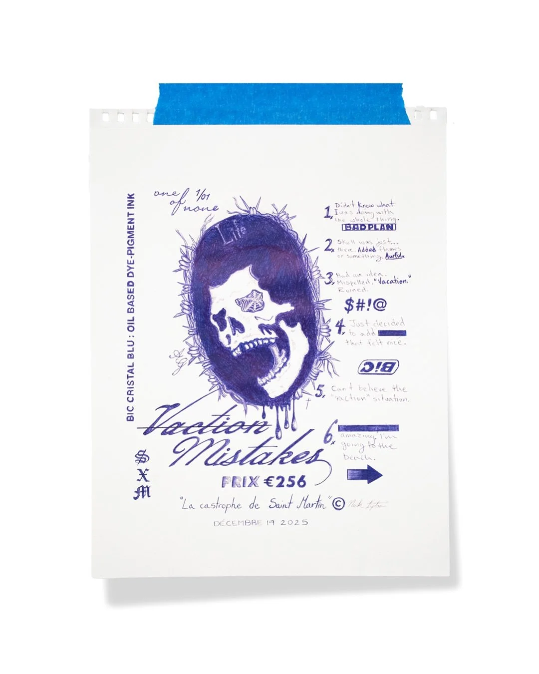 &ldquo;La castrophe de Saint Martin&rdquo; Bic Cristal Blue Ballpoint on paper. Drawn in Saint Martin (French side) after a serious of tragic mistakes turned lucky breaks. December 19, 2025. Sold 🔴.