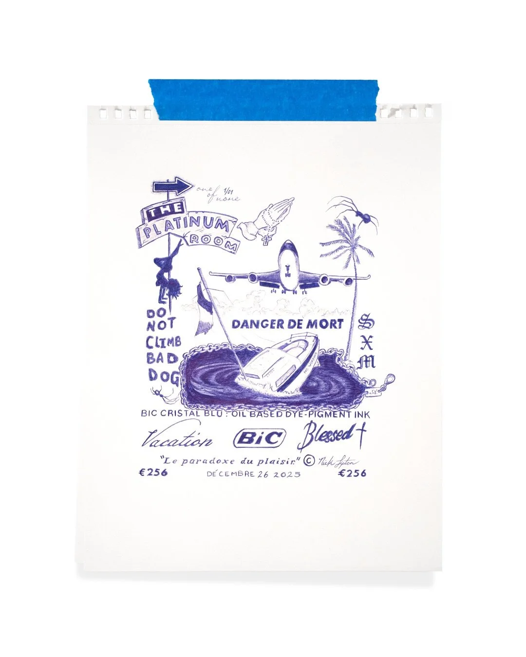 The year is 2028, humanity rebuilds from the ruins of WWIII, my original art is discovered by the new rulers of Earth. The east coast is renamed Saint Martin. Bic pens become the official visual language of pre-history. The world heals.