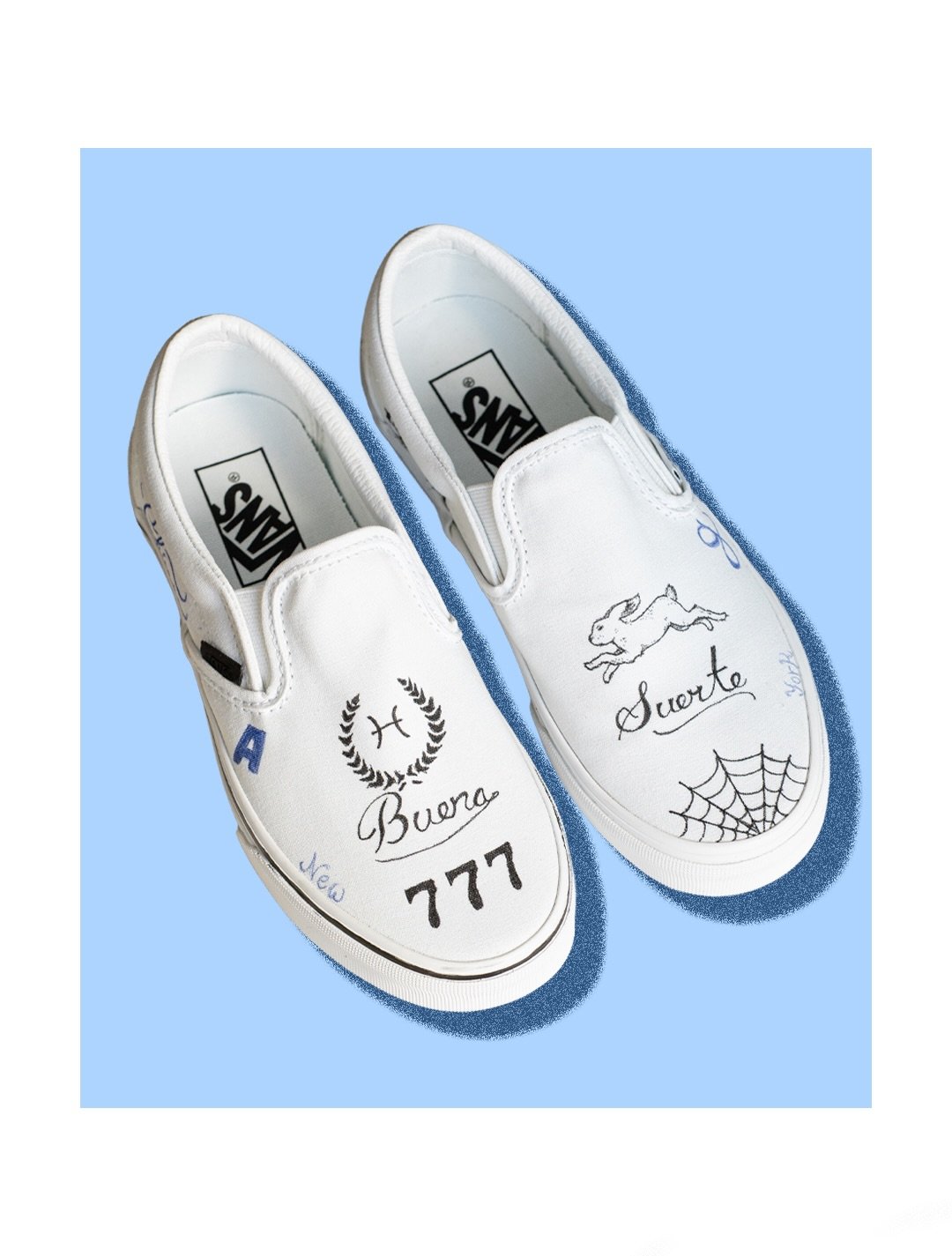Custom Job for @aliciagutierrez. White on White Vans Slip Ons. Black ink and Bic Blue. #buenasuerte