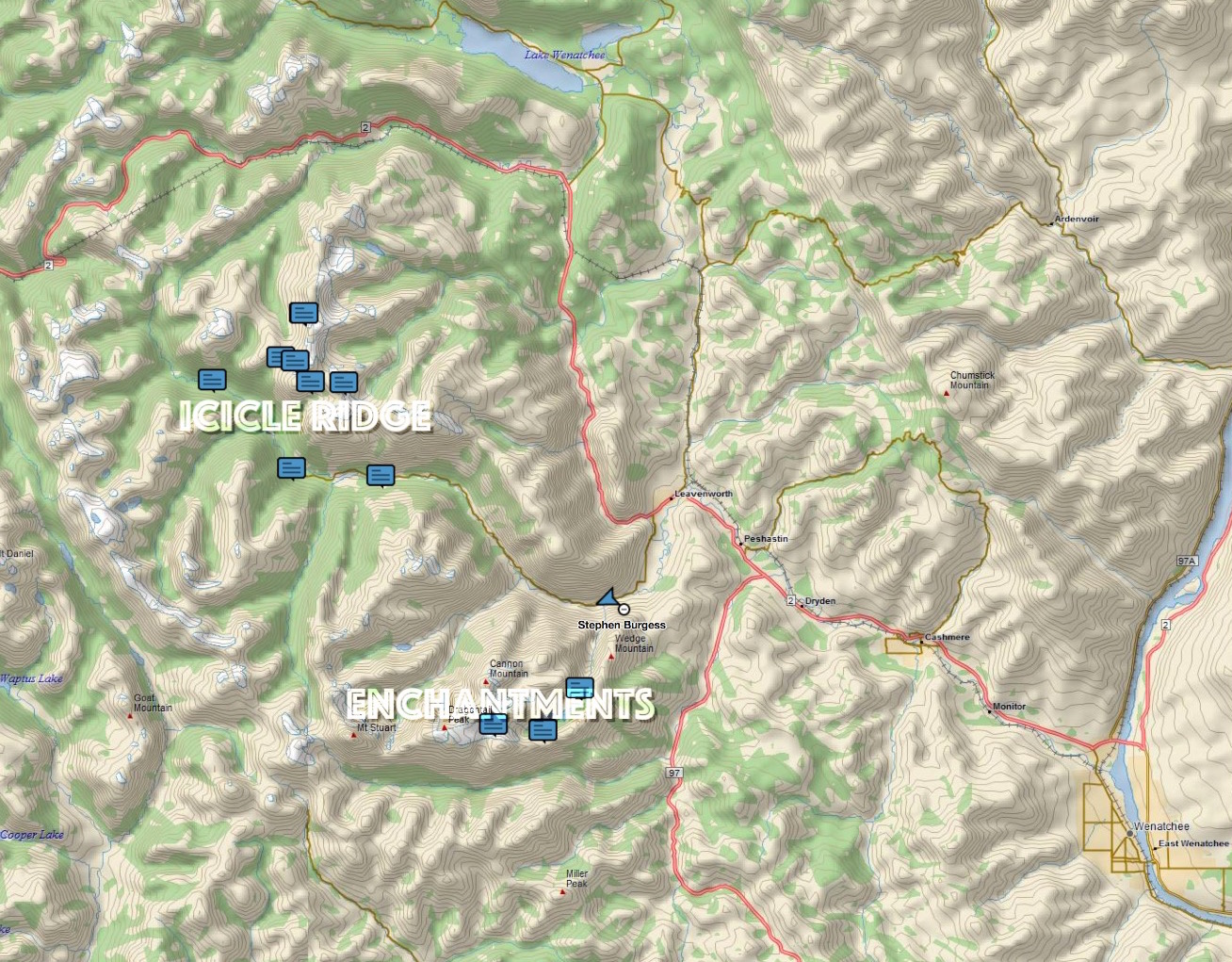 general area map of areas explored in the Alpine Lakes