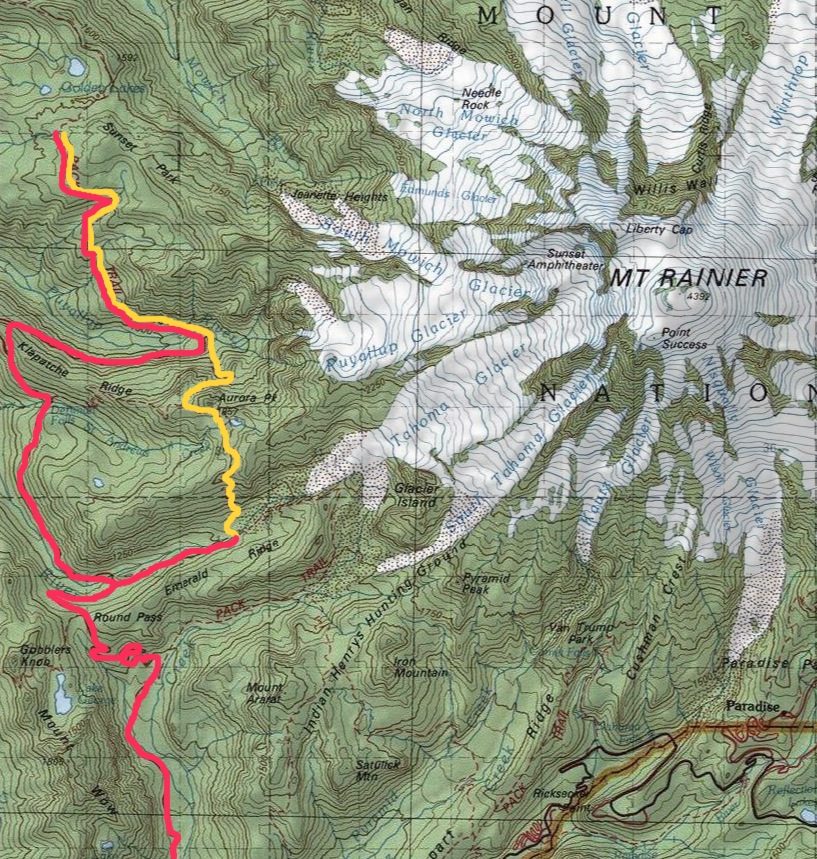 RED=track covered for ingress and egress....YELLOW=actual trail coverage