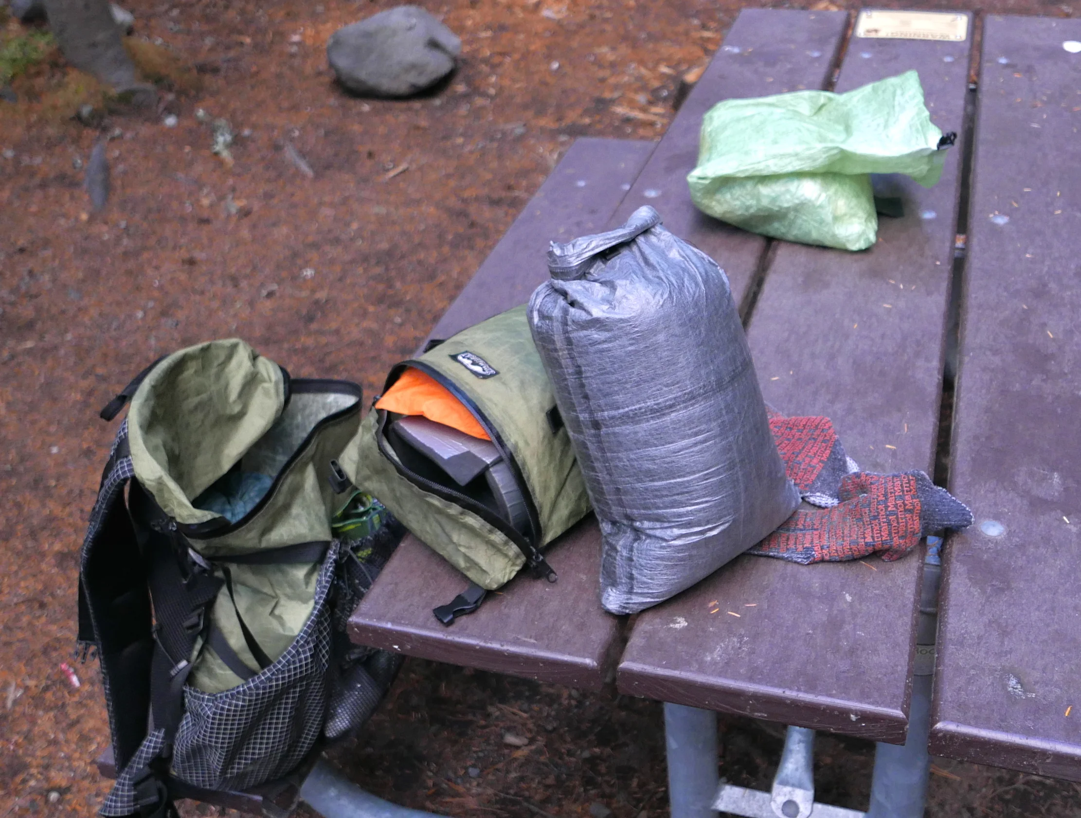 stuff sack contained EE 50 degree quilt/Borah Gear down jacket/EE Hoodlum/EE booties