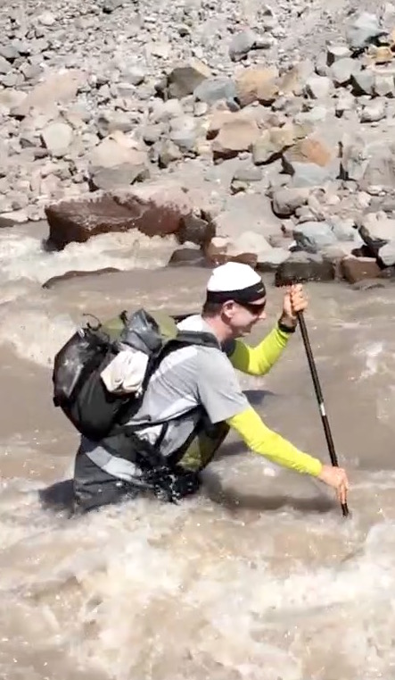 2015: crossing Eliot Creek with custom Zimmerbuilt packs on the Timberline Trail, Mt. Hood