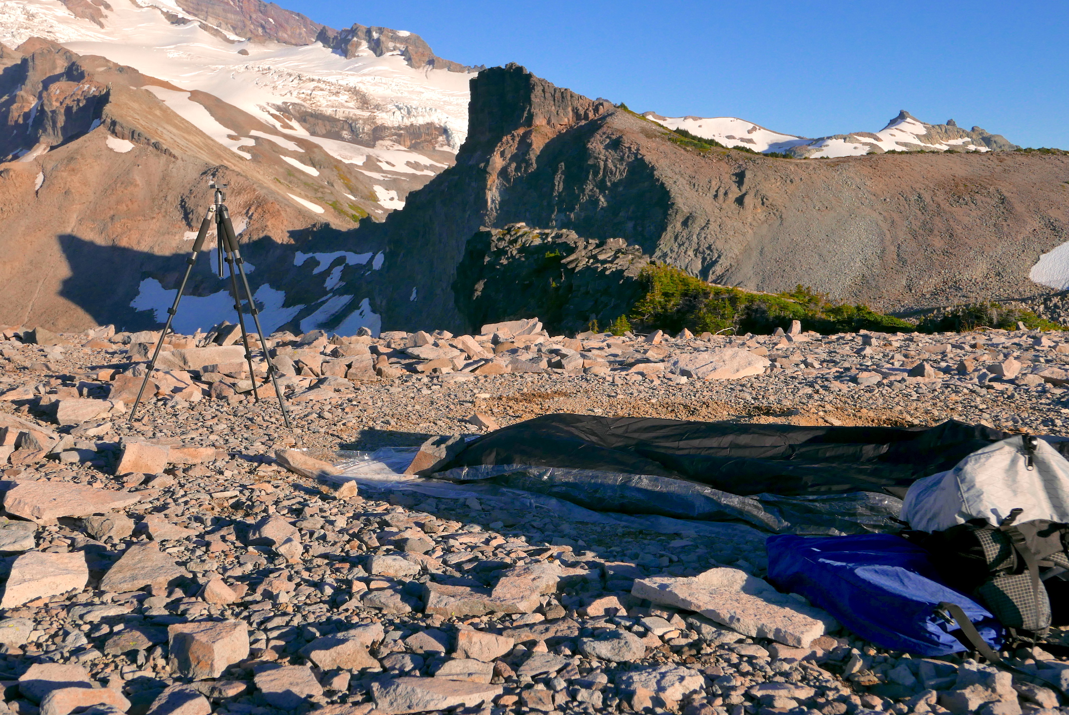 bivy site on Mt. Rainier (Colonnade) on combo bike/hike with Zimmerbuilt pack and food bag