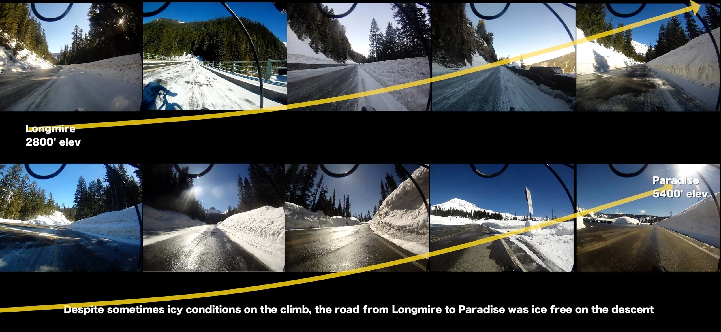 frame grabs from video on the climb from Longmire to Paradise showing road conditions
