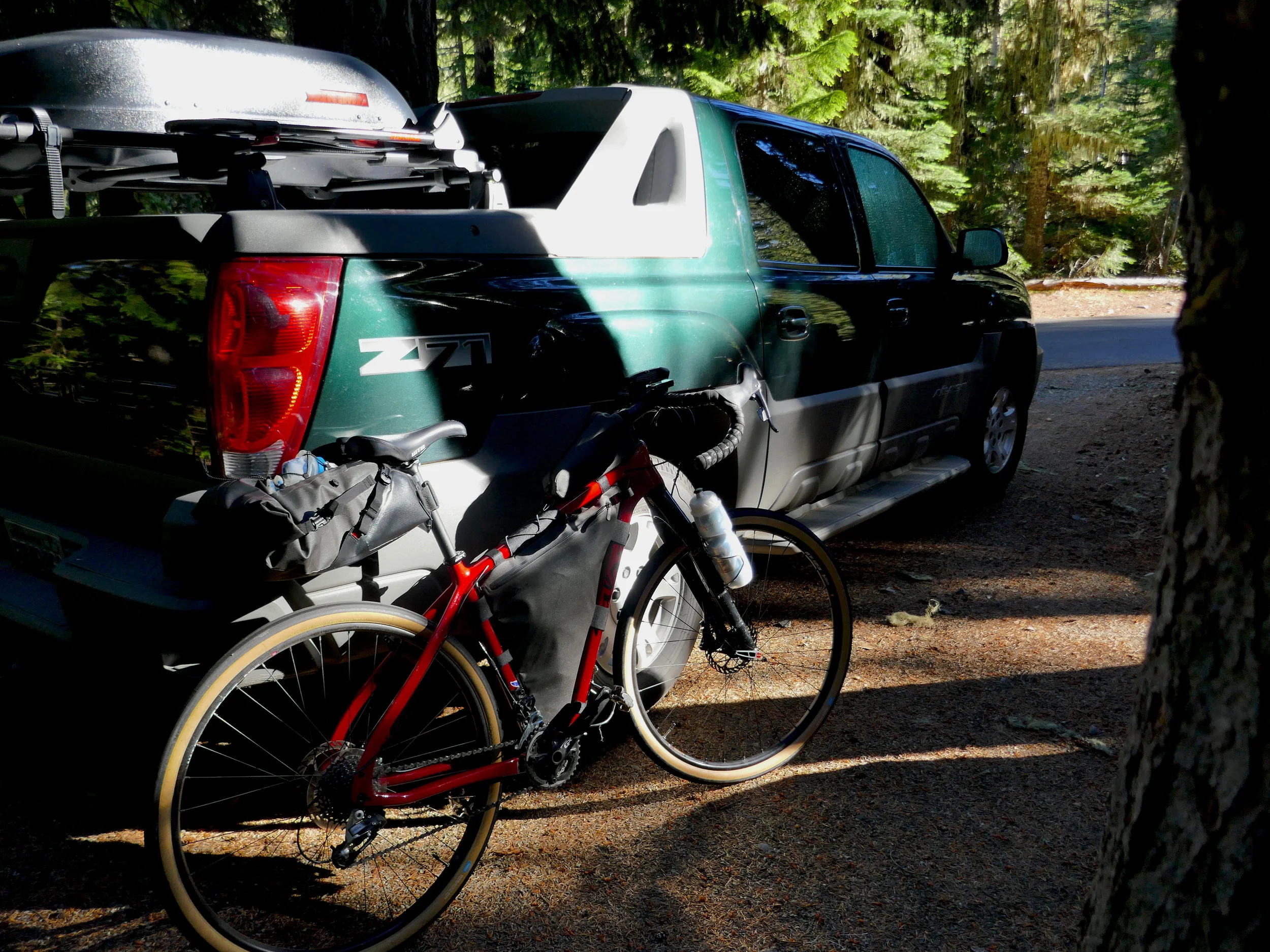 Evening light at White River campground: Avalanche RV and Salsa Cutthroat Rival