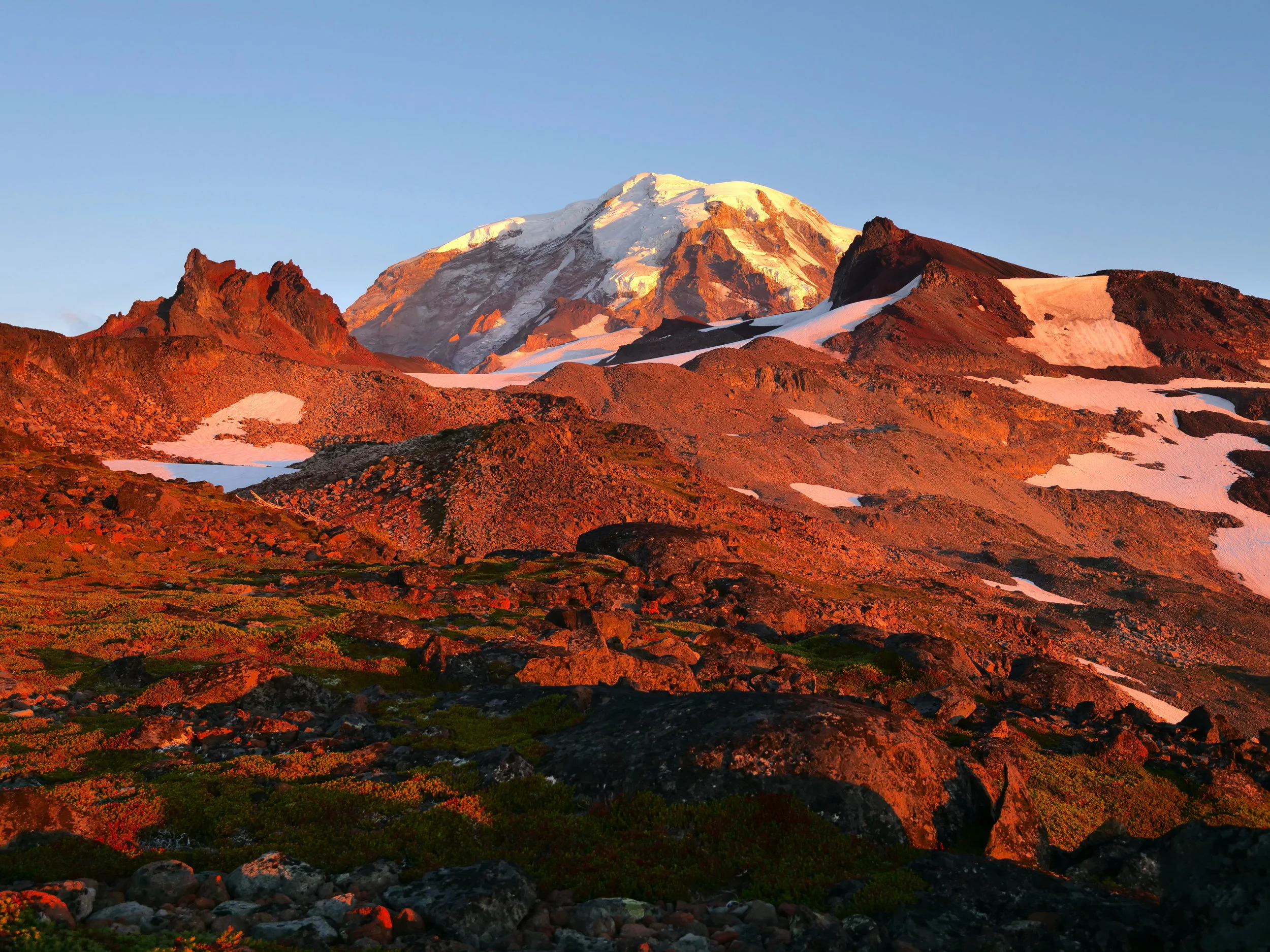 Alpenglow from our bivy site, Mt. Rainier