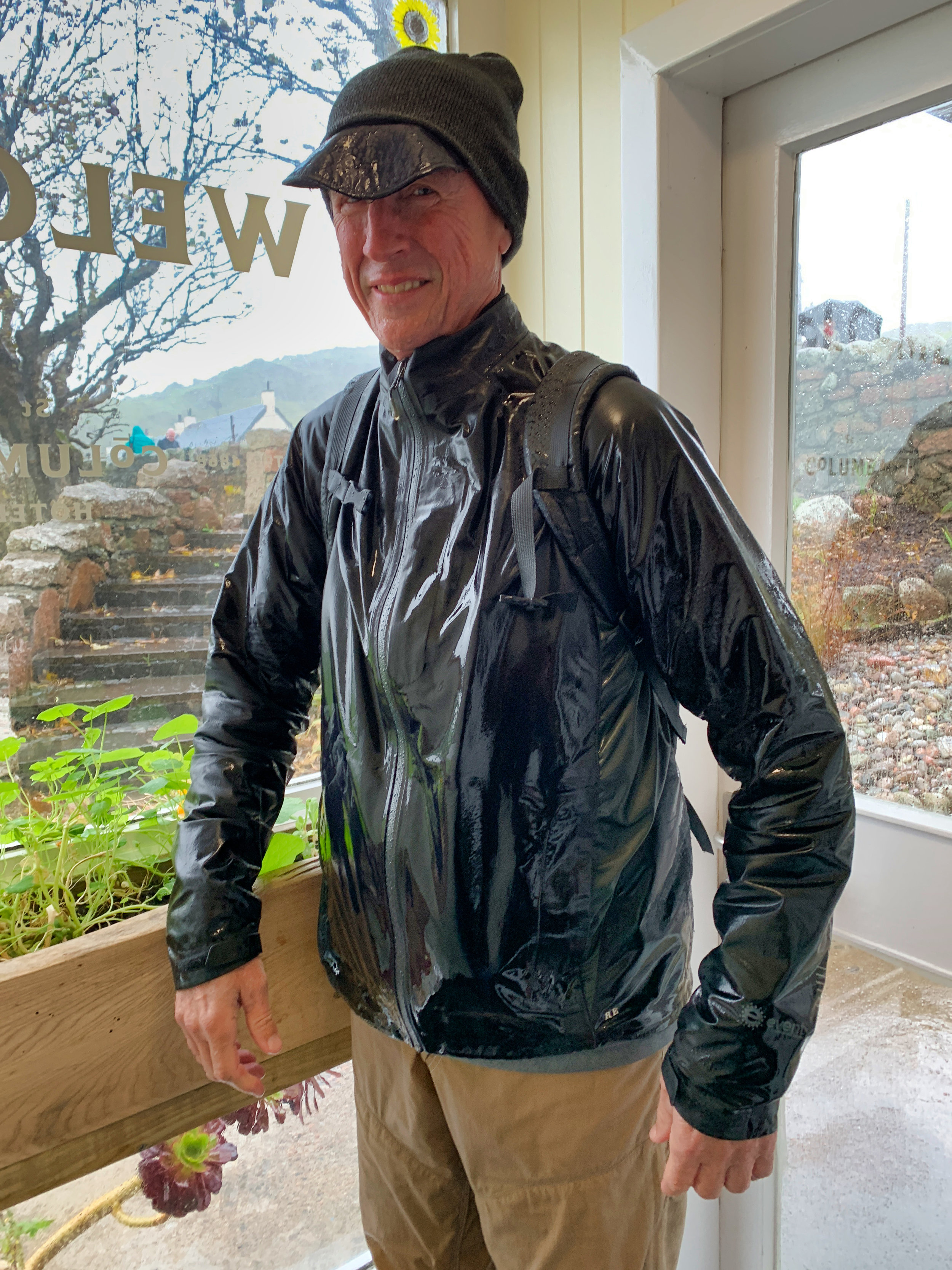 Drenched outside: pack dry inside; Iona, Scotland
