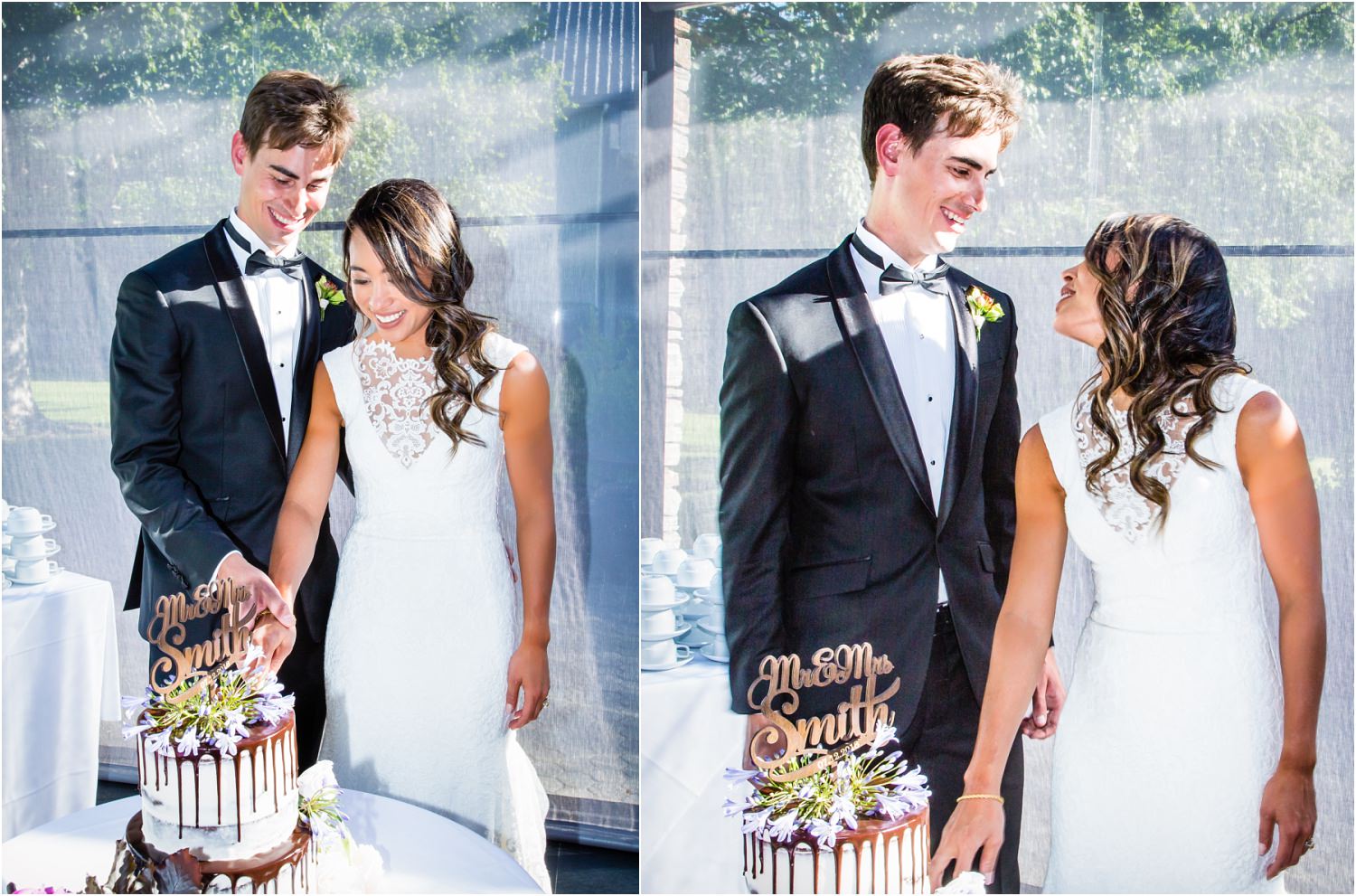 Rachel and Dan cut the cake at their Wanaka Wedding