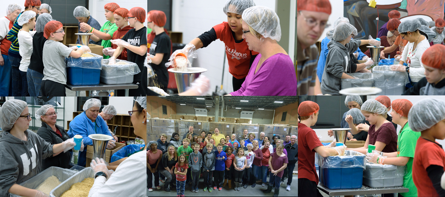 Hope church of the nazarene volunteers packaging at the meals from the heartland