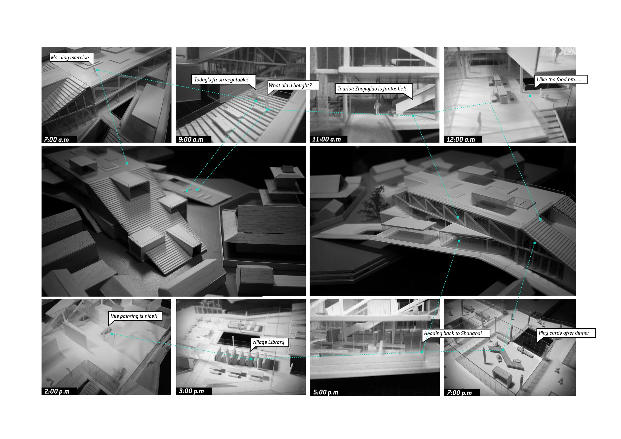 Several physical model photos depict specific moments of daily life in the village that happen around and on the bridge. The new bridge functions as a place where people's interactions are encouraged. Also the length of a day is extended because of new civic and commercial programs are inserted into the bridge, making the bridge as an observatory deck for tourists to learn about local and a window for local to see the outside.