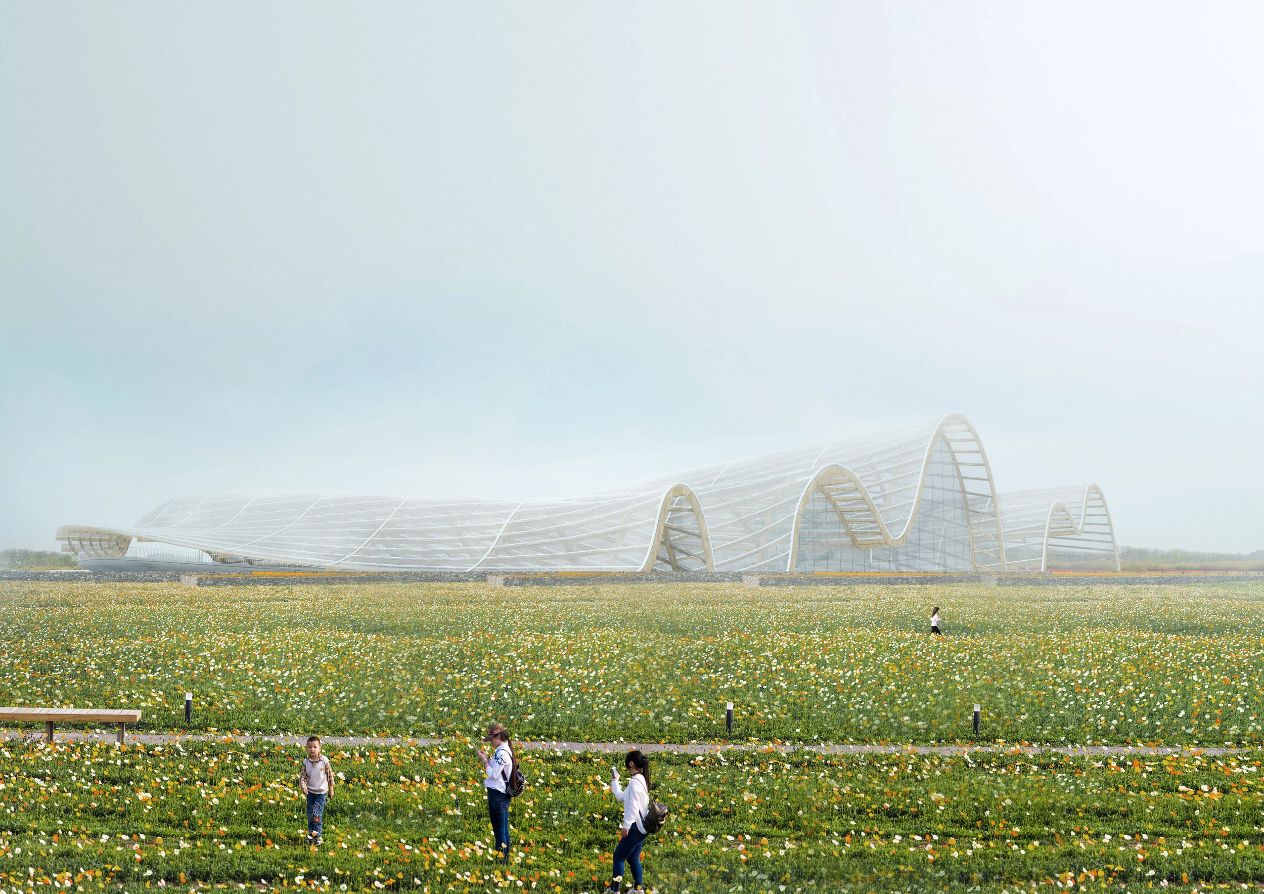 Characteristic of Natian flower fields is the culture established within the diverse nature that emerged from the man-made biological diversity and complexity. It is important to further investigate this sustainable interrelationship within contemporary context of Chinese urban built environment. Understanding the existing flower fields as a representation of natural resources, the project aims to generate a monolithic infrastructure that articulates the identity of the place through introducing a greenhouse inspired typology and expanding the seasonally influenced tourism towards a four-season celebration of nature. The building enriches visitor’s sensibility to nature on every sense through a series of instrumentally created micro-climate and atmosphere that dramatically transforms from extroversive outdoor to introversive indoor experience, through which a series of exhibiting, growing, researching and performing events occur with rhythm. The educative journey would eventually provoke a collective awareness of the significance of careful balance between human and non-human by appreciating the poetic beauty of the nature.