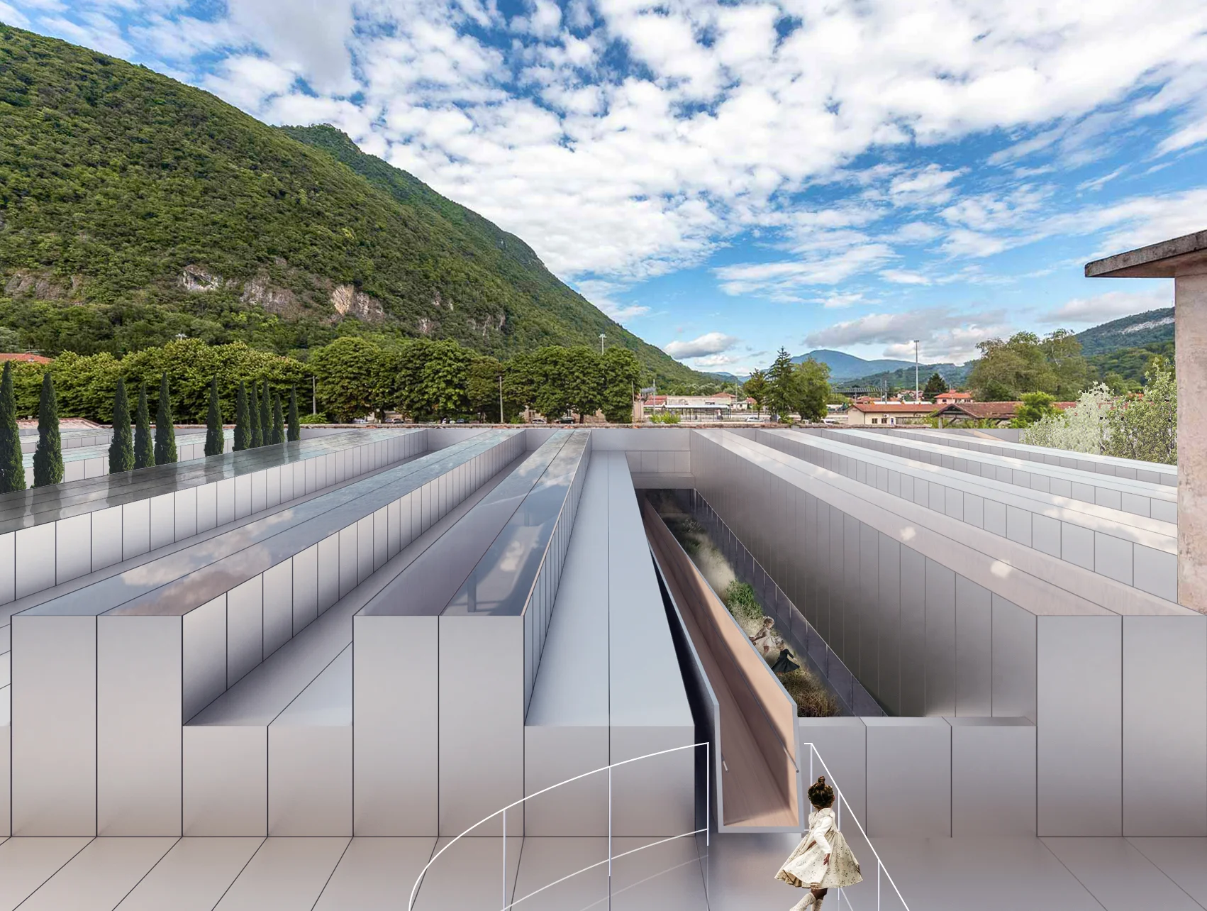  The design follows the spatial layout of the original factory. The horizontal factory on the east side creates a continuous playground where children are allowed to play between “sky” and “ground”. The three-story building on the west side provides 