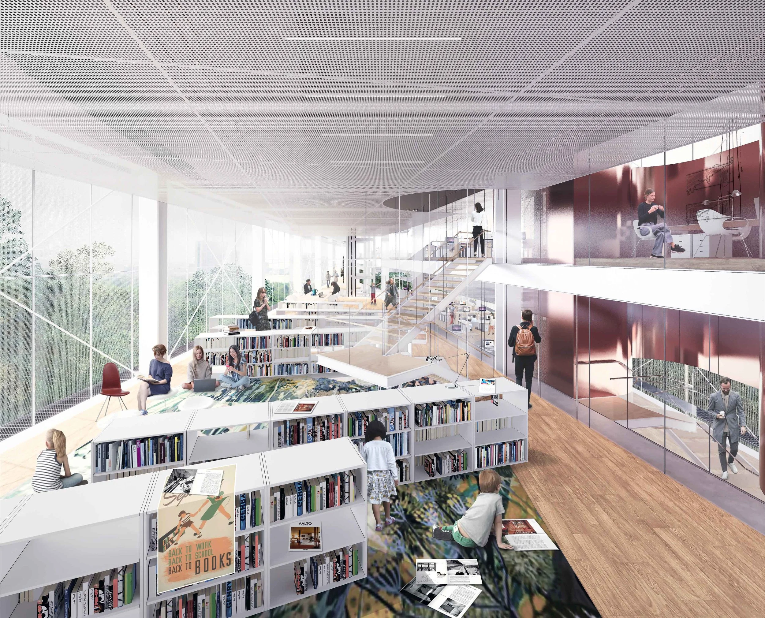 As digital tools are heavily relied in the present working environment of design field, we believe design creativity is more a process of interactive communication and mutual inspiration. Flexibility is largely encouraged by introducing uninterrupted open floors as for accommodating changing numbers of groups. On a more intimate scale, mutually permeated spaces between the line on all floors allows for meeting/discussion/multi-media exhibition/workshops inhabiting smaller groups that generates constant interaction between formal and informal.