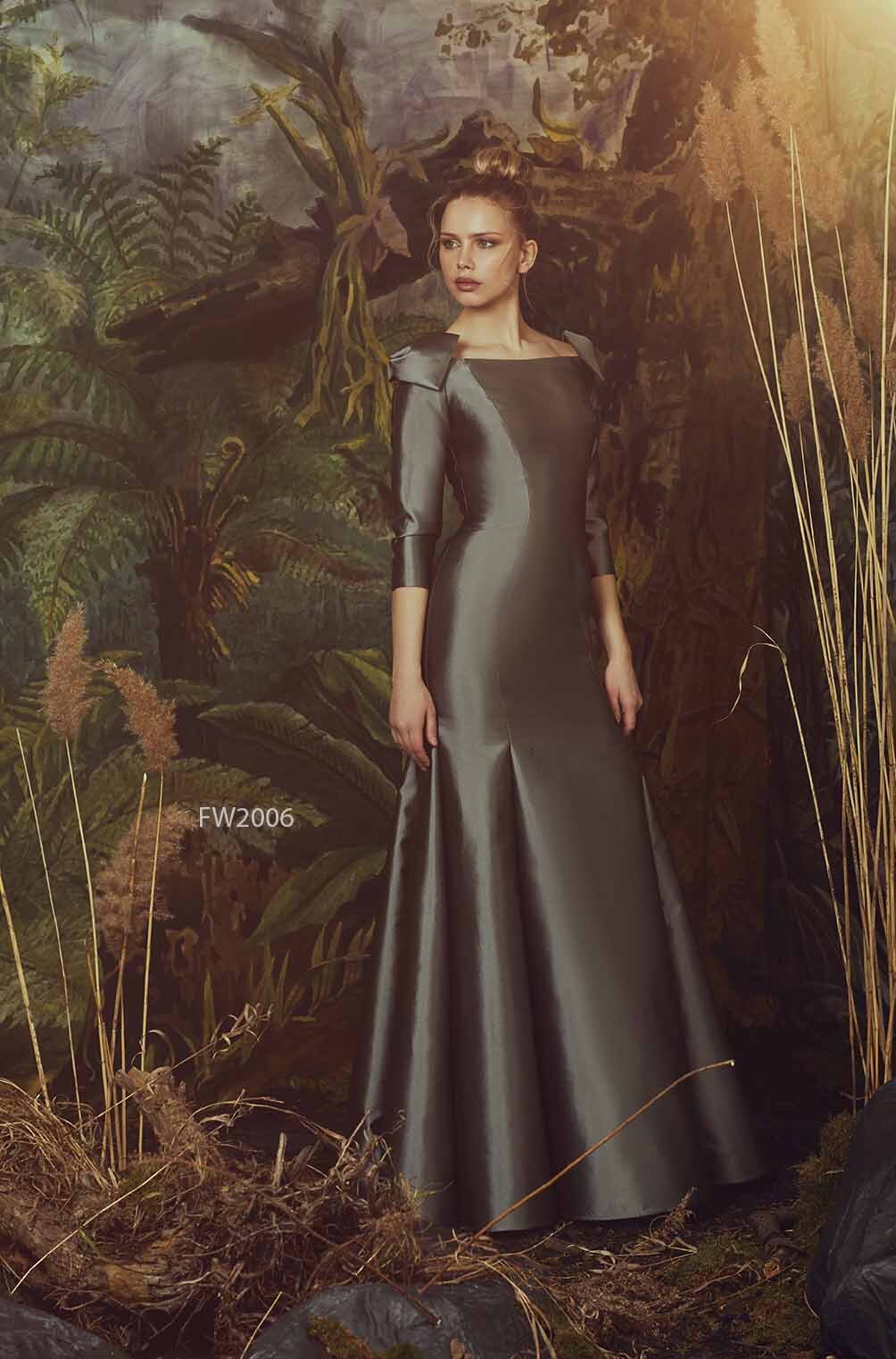 OFF-SHOULDER SILK WOOL GOWN WITH BOW DETAIL