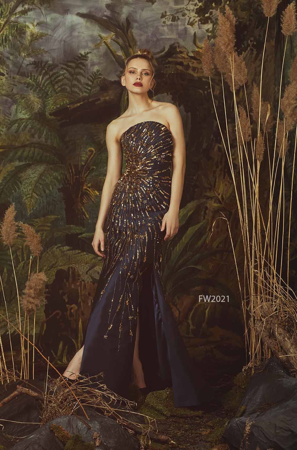 STRAPLESS SILK WOOL GOWN WITH GALAXY BEADED EMBROIDERY