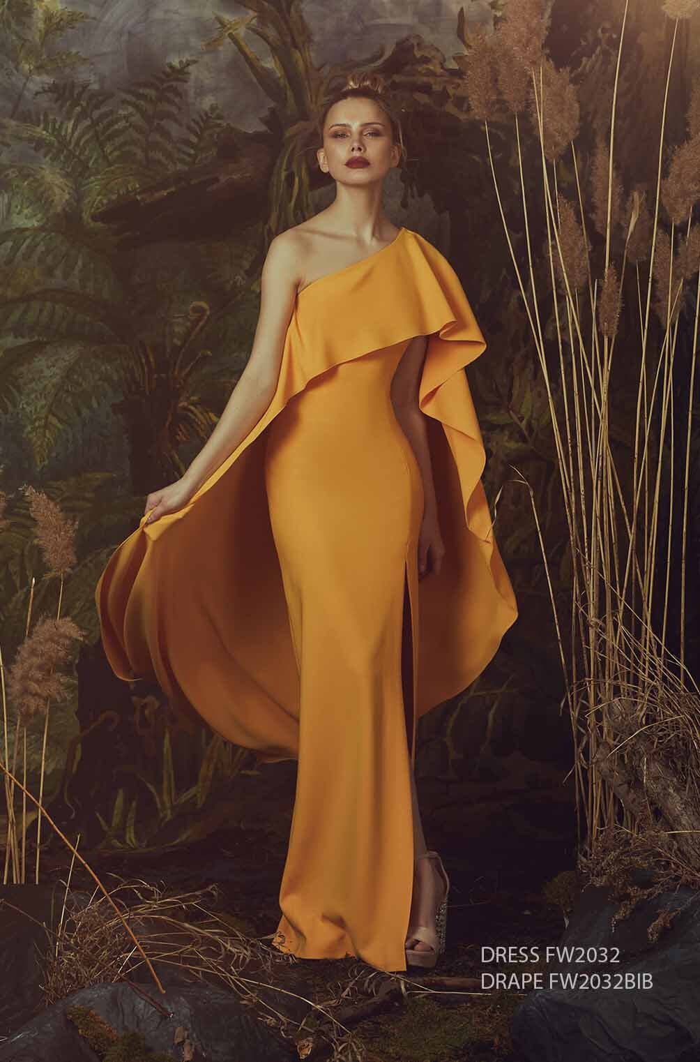 ONE SHOULDER GOWN FRONT-LEFT SLIT AND CAPE 