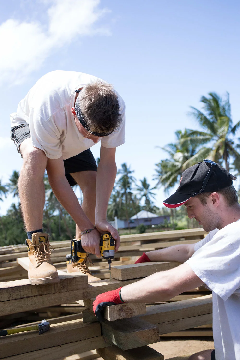 Project Leaders Harry and Harry making some final adjustments to the portal frames at Naweni