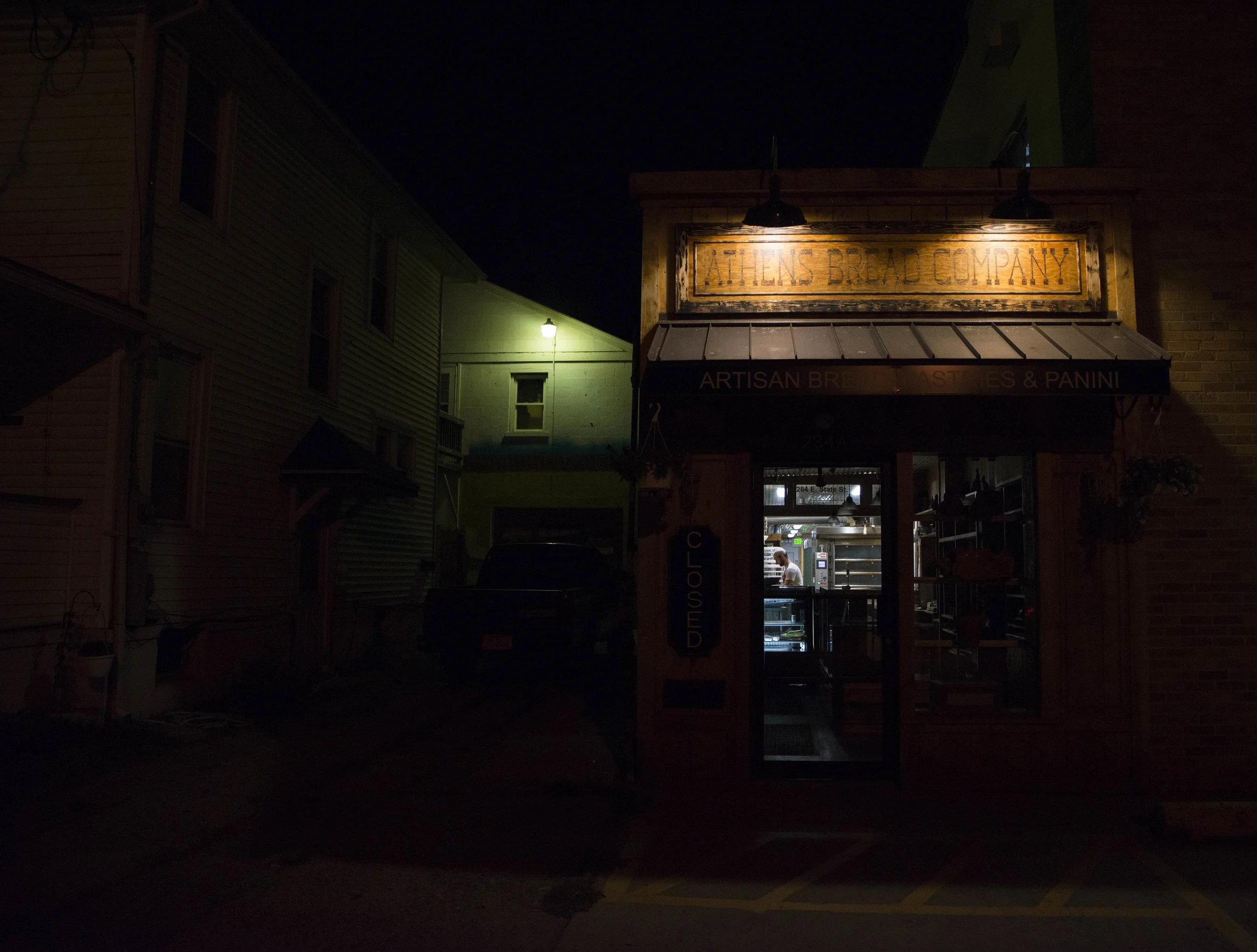 Devin Wistendahl completes preparation work for the next day of business at the Athens Bread Company.