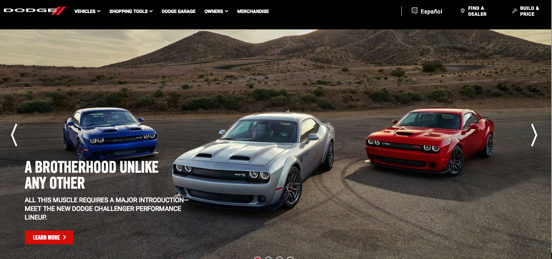The Dodge website shows their fastest, noisiest cars set on a desert background, playing on the romantic notions of the American west.