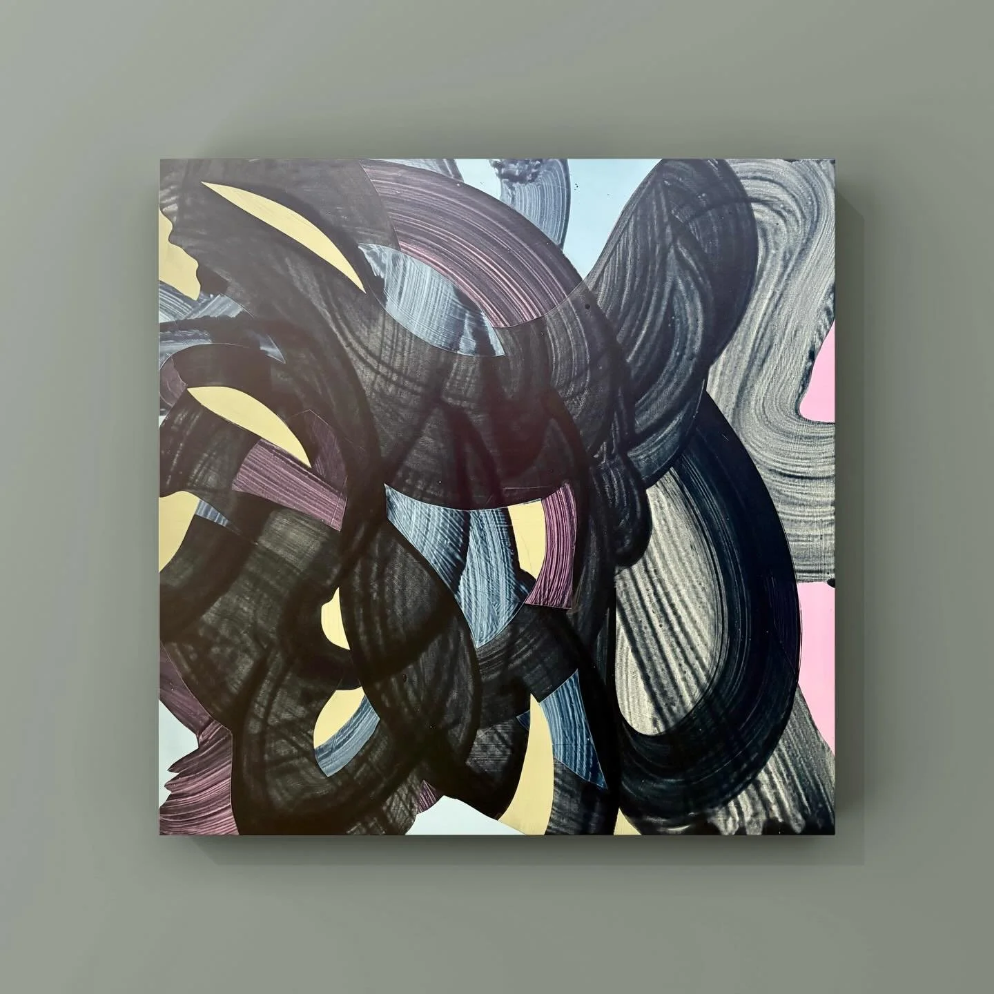 New painting, new series, working further into the gestural, colour and mark-making in complex layers that become quite risky. Feels like a continuation of thoughts about handwriting (analogue) and swiping (digital). Process leads and meaning finds i