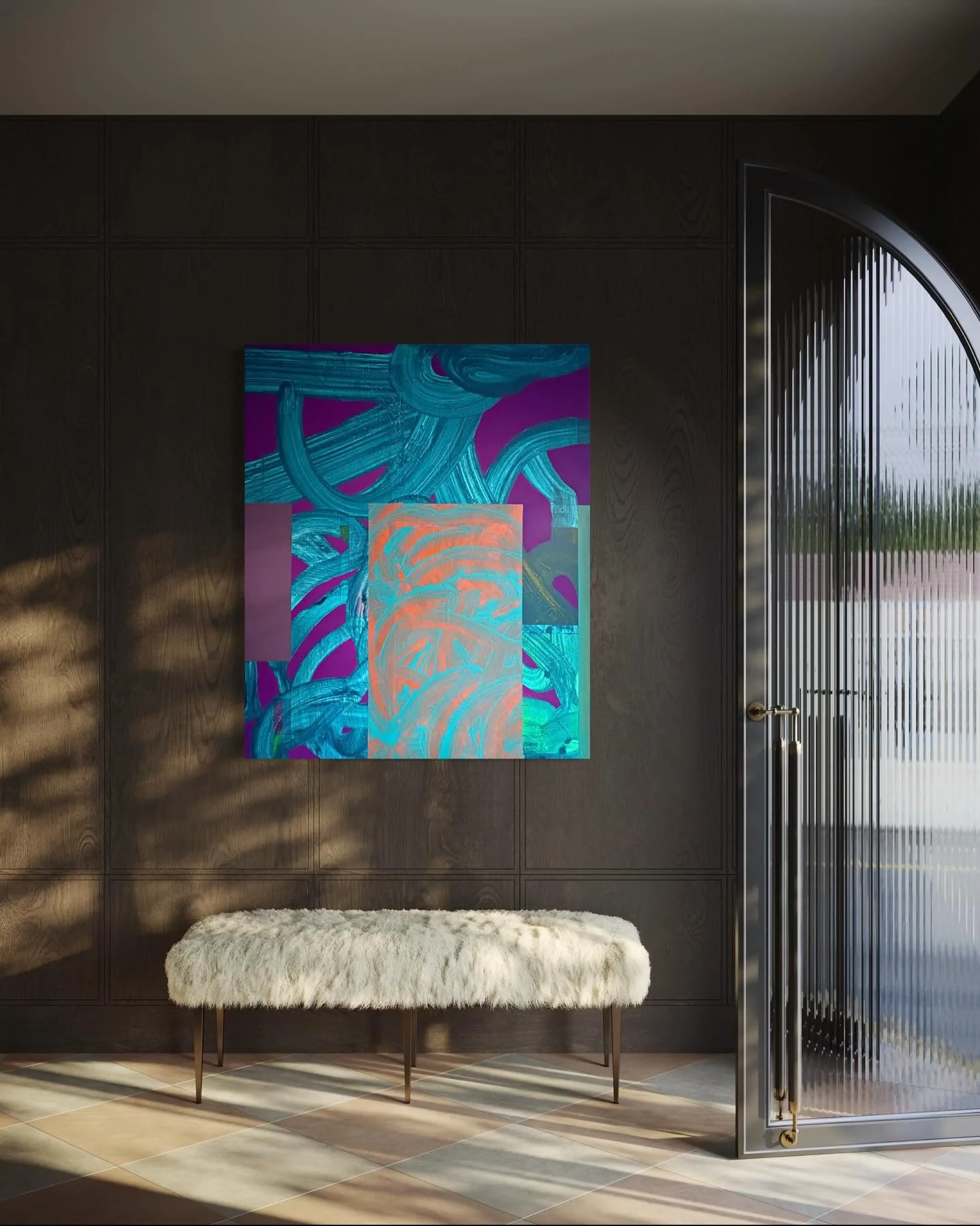 &lsquo;Before the Upload&rsquo;
Acrylic, spray paint and Flashe emulsion on canvas
120 x 100 cm.
.
Trying to stay cool in the studio, this one was hard to photograph - shown here in a few virtual spaces.
Not sure of orientation as could be either way
