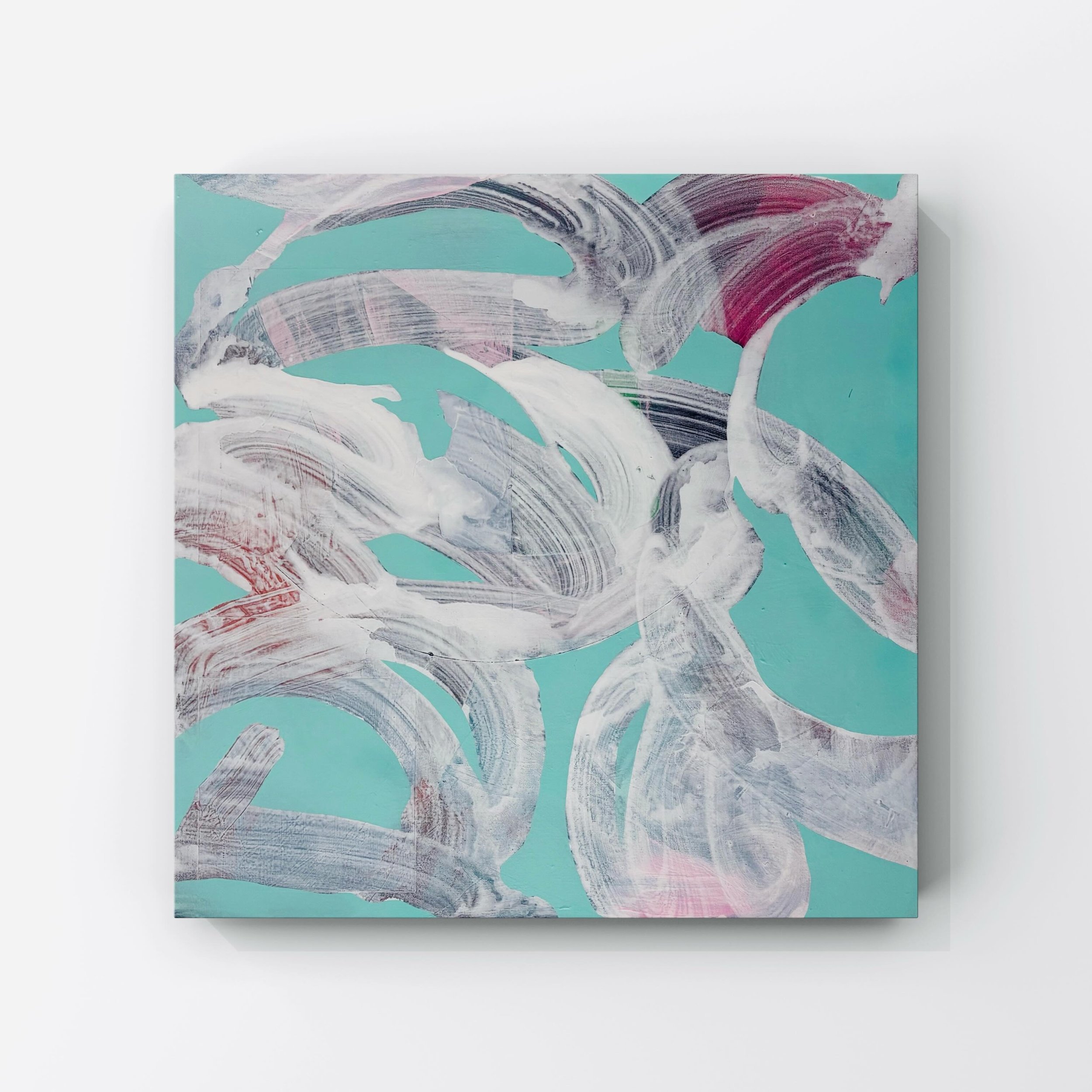 Soft Noise
Acrylic and spray paint on canvas
61 x 61 cm.
A figurative painting of a girl in a green hat started many moons ago. It&rsquo;s been in my storage for over 20 years. Reused the canvas, obliterating some things and allowing other underlying