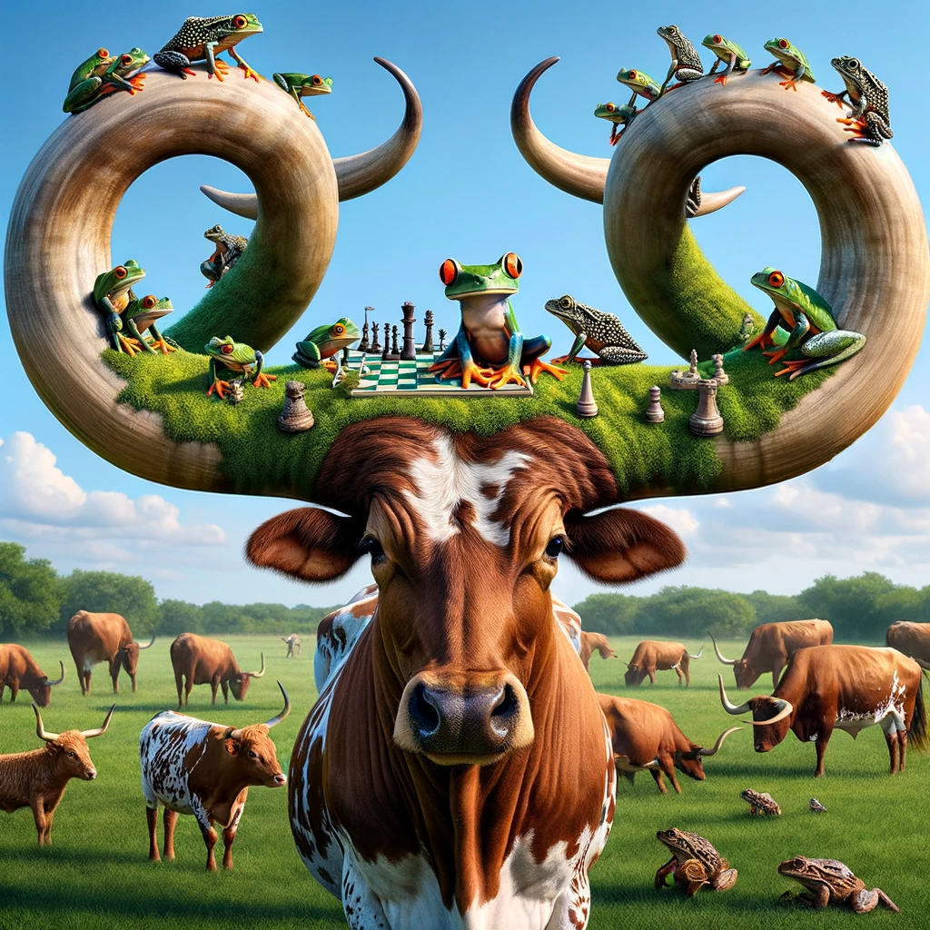 DALL·E 2024-01-01 14.39.28 - A photorealistic image of a majestic Texas longhorn steer with an intriguing scene on its horns. The horns, large and spiraling, are the playground fo.png