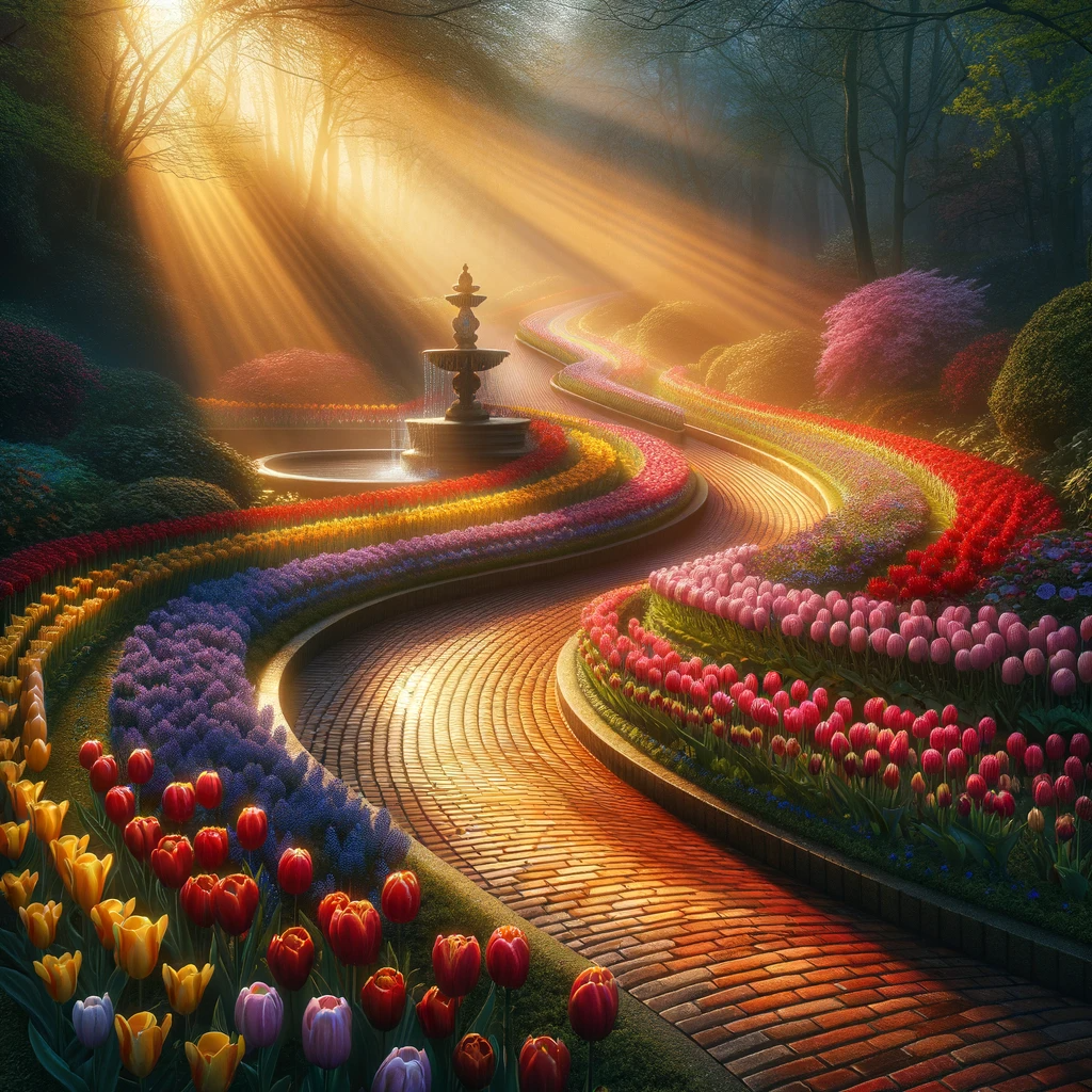 DALL·E 2024-01-01 14.56.18 - A photorealistic image of a winding brick path, bathed in dramatic morning light. The path is lined with a vibrant array of multi-colored tulips in fu.png